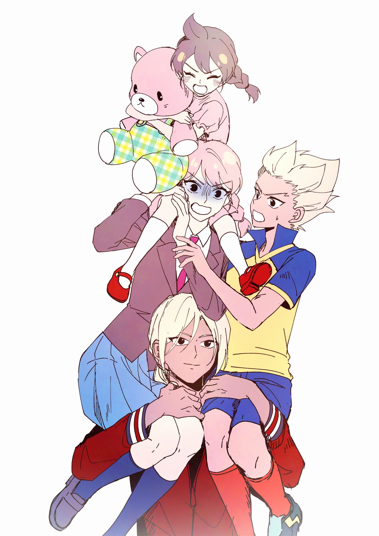 gouenji shuuya, gouenji yuuka, inazuma eleven, inazuma eleven (series), inazuma eleven go, highres, 2boys, 2girls, age comparison, black eyes, blonde hair, blue socks, braid, brown hair, brown jacket, dress, dual persona, gguck, holding, holding stuffed toy, jacket, multiple boys, multiple girls, pink dress, pink hair, raimon, raimon soccer uniform, red jacket, red socks, scared, smile, soccer uniform, socks, sportswear, stuffed animal, stuffed toy, tan, teddy bear, time paradox, twin braids, white background