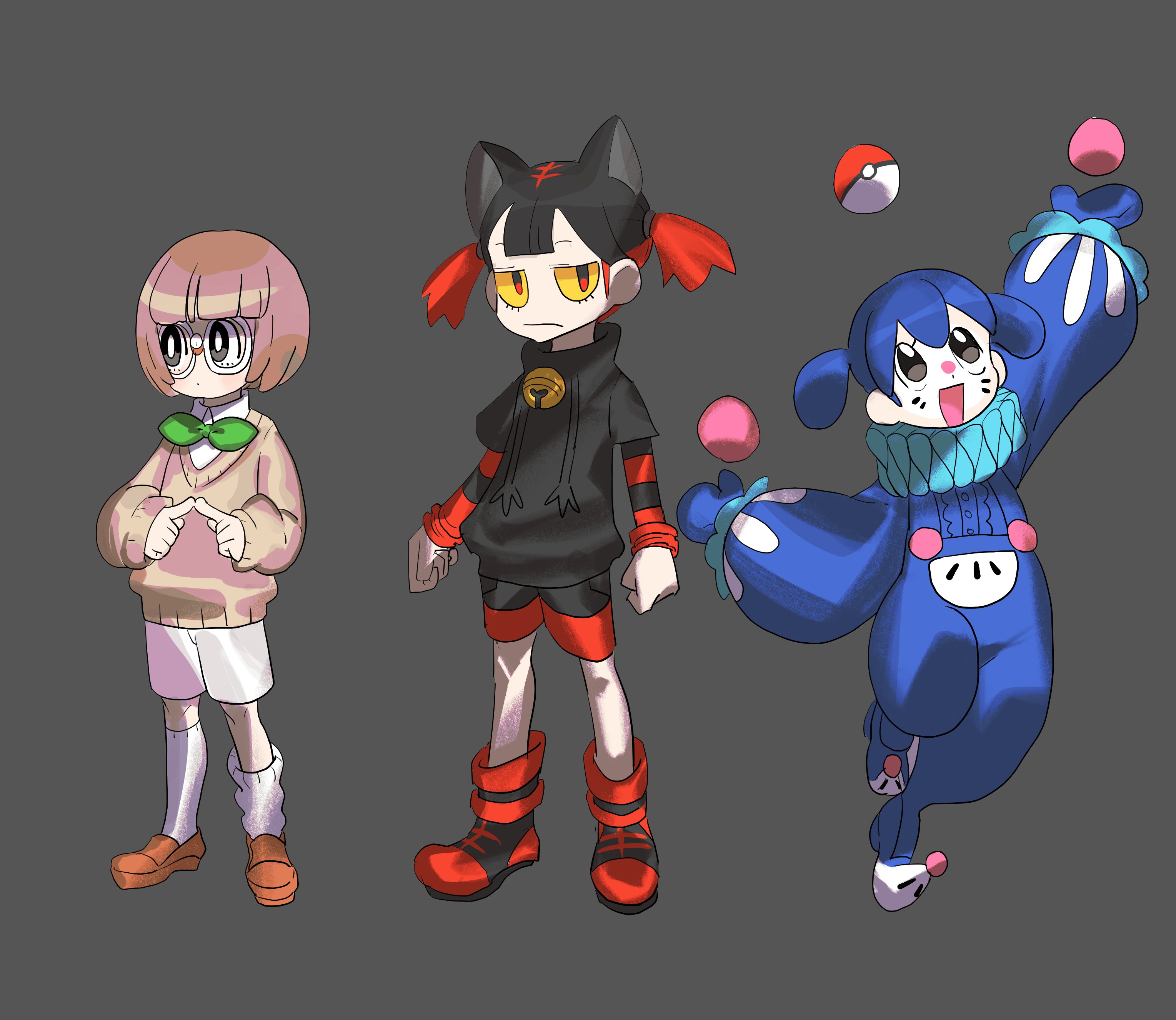 dancho no mori, litten, popplio, rowlet, nintendo, pokemon, absurdres, highres, 3girls, :d, bell, black hair, blue hair, blue mittens, bob cut, bright pupils, brown hair, brown sweater, colored sclera, facial mark, gen 7 pokemon, glasses, grey background, index fingers together, jingle bell, juggling, kneehighs, long sleeves, lower eyelashes only, mittens, multicolored hair, multiple girls, neck ruff, open mouth, orange shoes, personification, poke ball, poke ball (basic), red eyes, red hair, round eyewear, shoes, short hair, shorts, simple background, smile, socks, starter pokemon trio, striped sleeves, sweater, twintails, two-tone hair, whisker markings, white-framed eyewear, white pupils, white shorts, white socks, yellow sclera