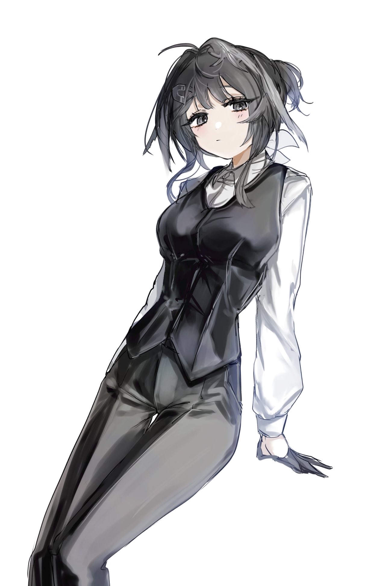 renka (renxka), la pluma (arknights), arknights, highres, 1girl, arm support, bartender, bird girl, black eyes, black gloves, black hair, black pants, black vest, breasts, closed mouth, collared shirt, feather hair, feet out of frame, gloves, invisible chair, light blush, long sleeves, medium breasts, medium hair, pants, ponytail, ribbon, shirt, short ponytail, simple background, sitting, solo, vest, white background, white ribbon, white shirt
