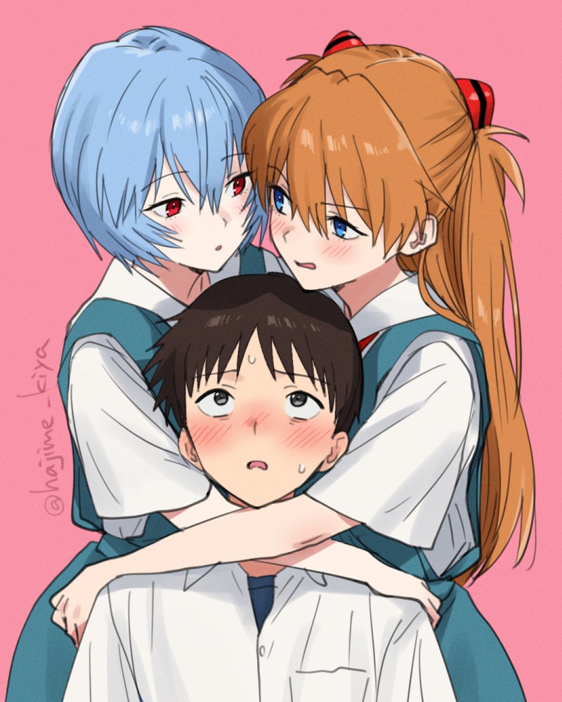 kiya hajime, ayanami rei, ikari shinji, souryuu asuka langley, neon genesis evangelion, commentary request, 1boy, 2girls, blue eyes, blue hair, blush, breast pocket, collared shirt, girl sandwich, hair between eyes, hug, long hair, looking at another, looking up, multiple girls, orange hair, pink background, pocket, red eyes, sandwiched, school uniform, shirt, short hair, short sleeves, simple background, tokyo-3 middle school uniform, two side up, white shirt