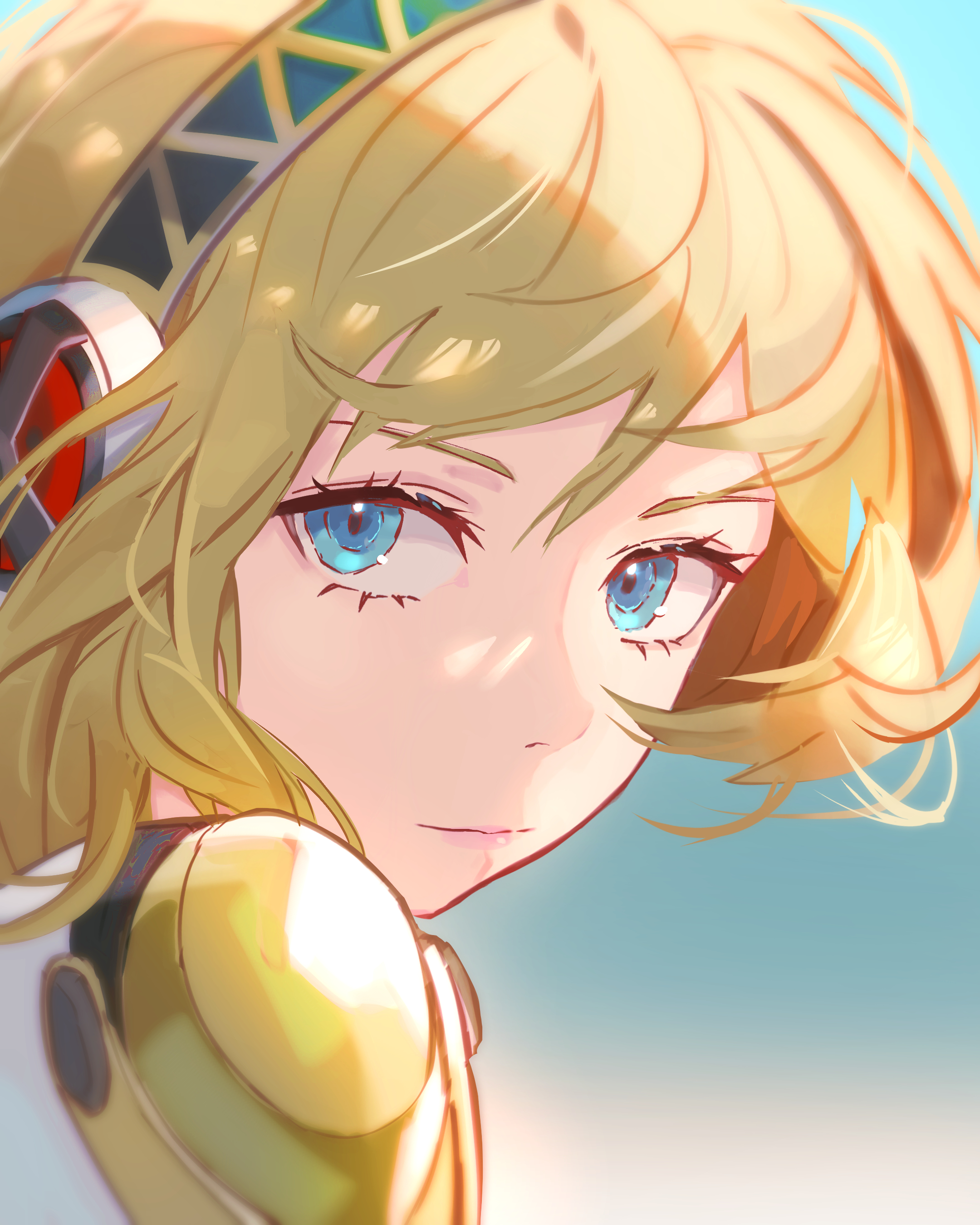 omegarer, aigis (persona), persona, persona 3, absurdres, commentary, highres, 1girl, android, blonde hair, blue eyes, blurry, blurry background, close-up, closed mouth, from behind, gold hairband, hairband, joints, looking back, medium hair, messy hair, portrait, robot ears, robot joints, solo