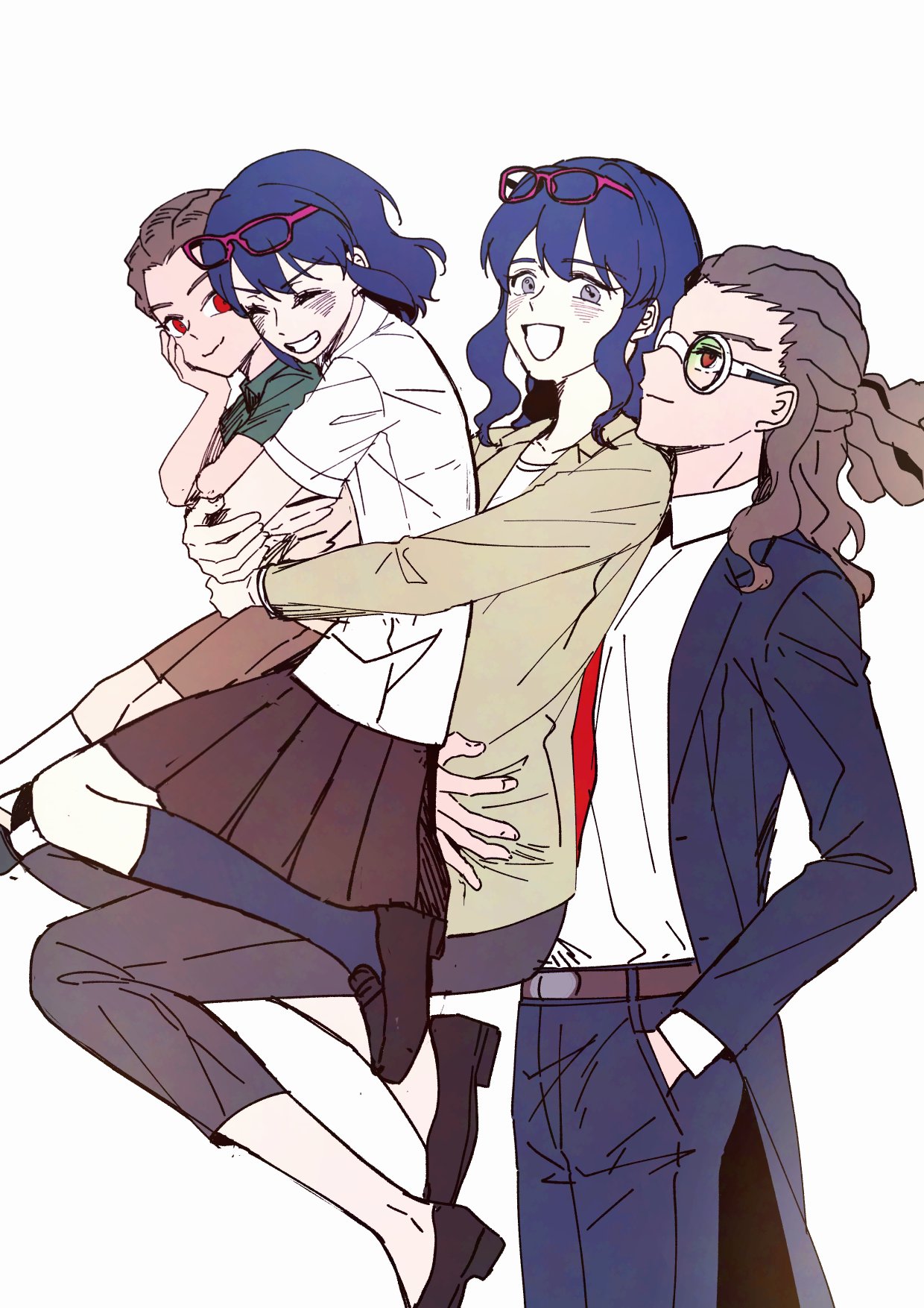 inazuma eleven, inazuma eleven (series), inazuma eleven go, highres, 2boys, 2girls, age comparison, black pants, blue eyes, blue hair, blue jacket, blue pants, brown hair, dual persona, gguck, glasses, half updo, jacket, medium hair, multiple boys, multiple girls, necktie, pants, red-framed eyewear, red eyes, red necktie, smile, soccer uniform, sportswear, time paradox, wavy hair, white background, yellow jacket