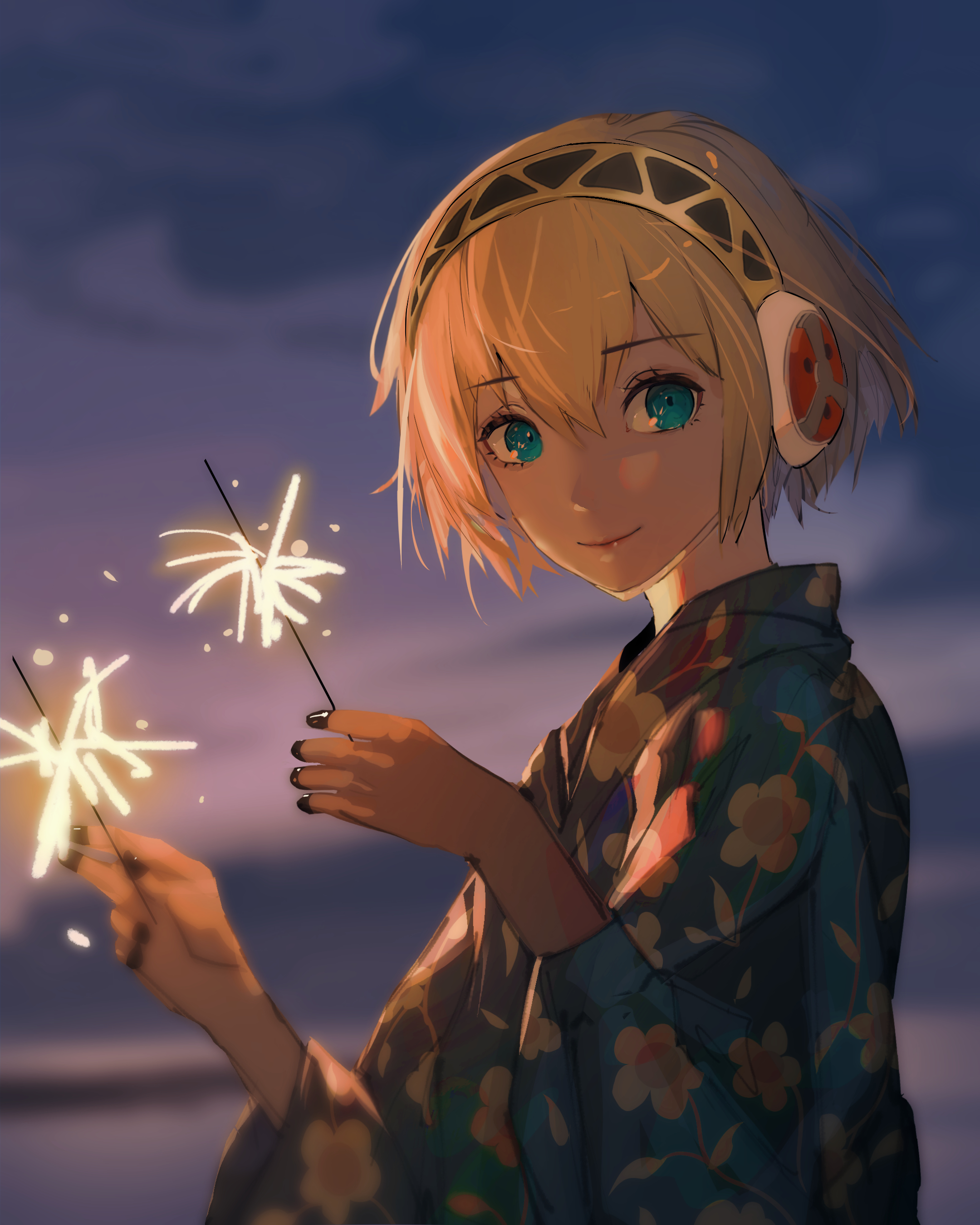 omegarer, aigis (persona), persona, persona 3, absurdres, commentary, highres, 1girl, android, blonde hair, blue eyes, blue kimono, blurry, blurry background, closed mouth, dusk, fireworks, floral print, floral print kimono, from side, gold hairband, hair between eyes, hairband, hands up, holding, holding fireworks, japanese clothes, kimono, looking at viewer, mechanical arms, outdoors, print kimono, robot ears, short hair, smile, solo, sparkler, upper body