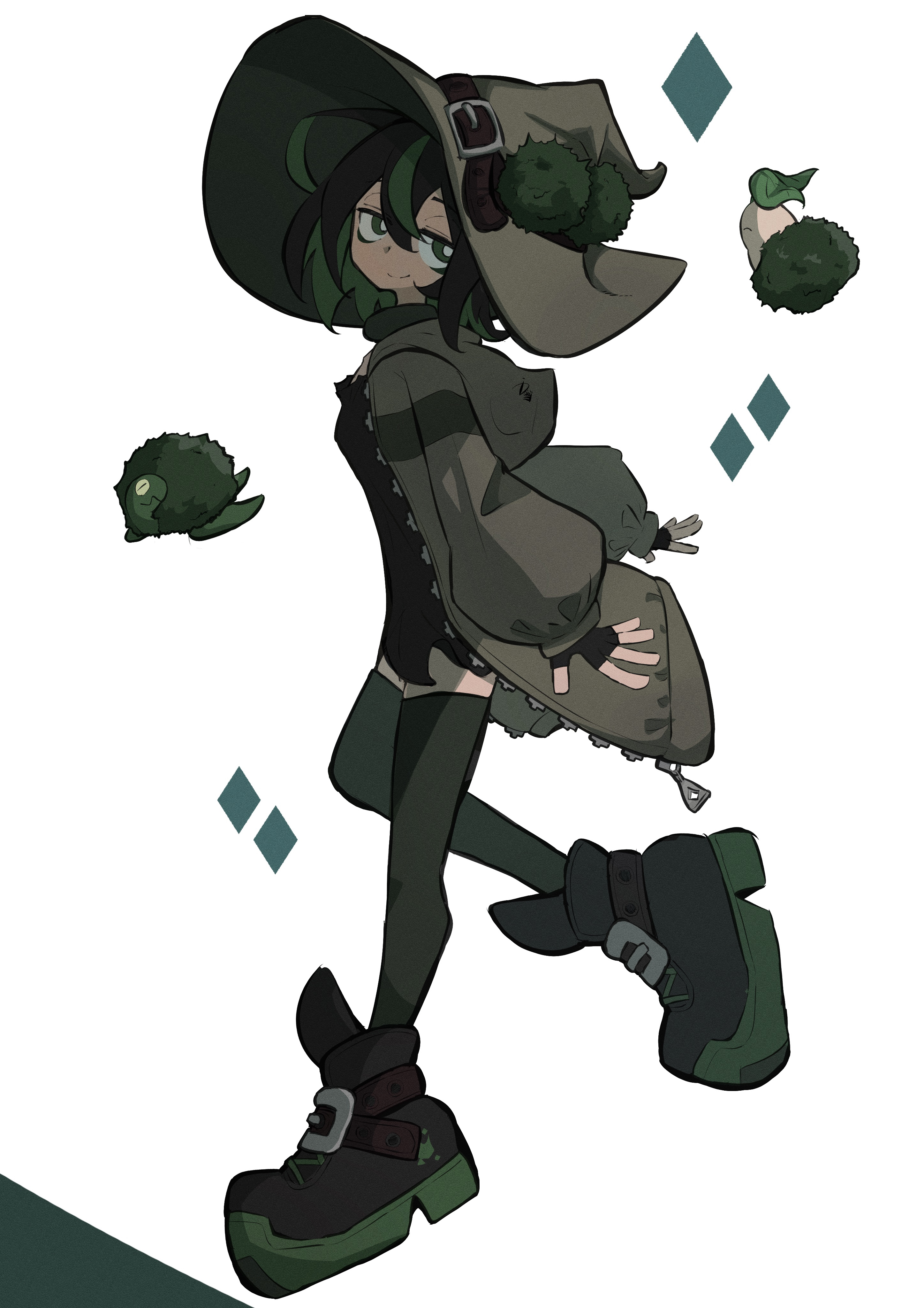 ida (idalol490), original, absurdres, commentary request, highres, 1girl, black boots, black dress, black gloves, black hair, boots, bright pupils, closed mouth, diamond (shape), dress, fingerless gloves, full body, gloves, green eyes, green hair, green hat, green jacket, green thighhighs, hat, hat belt, jacket, long sleeves, medium hair, moss, multicolored hair, open clothes, open jacket, short dress, simple background, smile, thighhighs, turtle, two-tone hair, white background, white pupils, witch, witch hat
