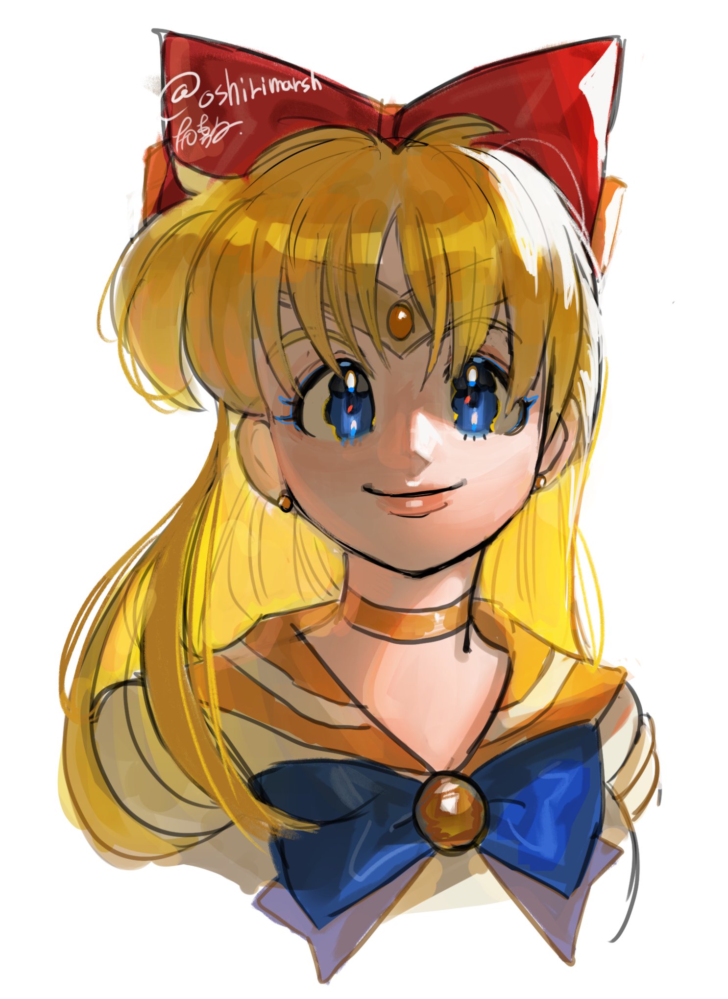 dancho no mori, aino minako, sailor venus, bishoujo senshi sailor moon, highres, 1girl, blonde hair, blue eyes, bow, choker, closed mouth, earrings, hair bow, jewelry, long hair, looking at viewer, magical girl, orange choker, orange sailor collar, red bow, sailor collar, sailor senshi uniform, simple background, smile, solo, twitter username, wavy eyes, white background
