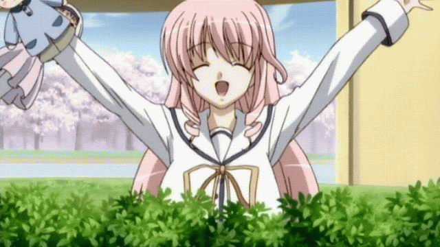 hanasaki akane, da capo, da capo ii, animated, animated gif, anime screenshot, 00s, 1girl, bouncing breasts, bow, breasts, female focus, hand puppet, happy, large breasts, long hair, pink hair, puppet, school uniform, smile, solo