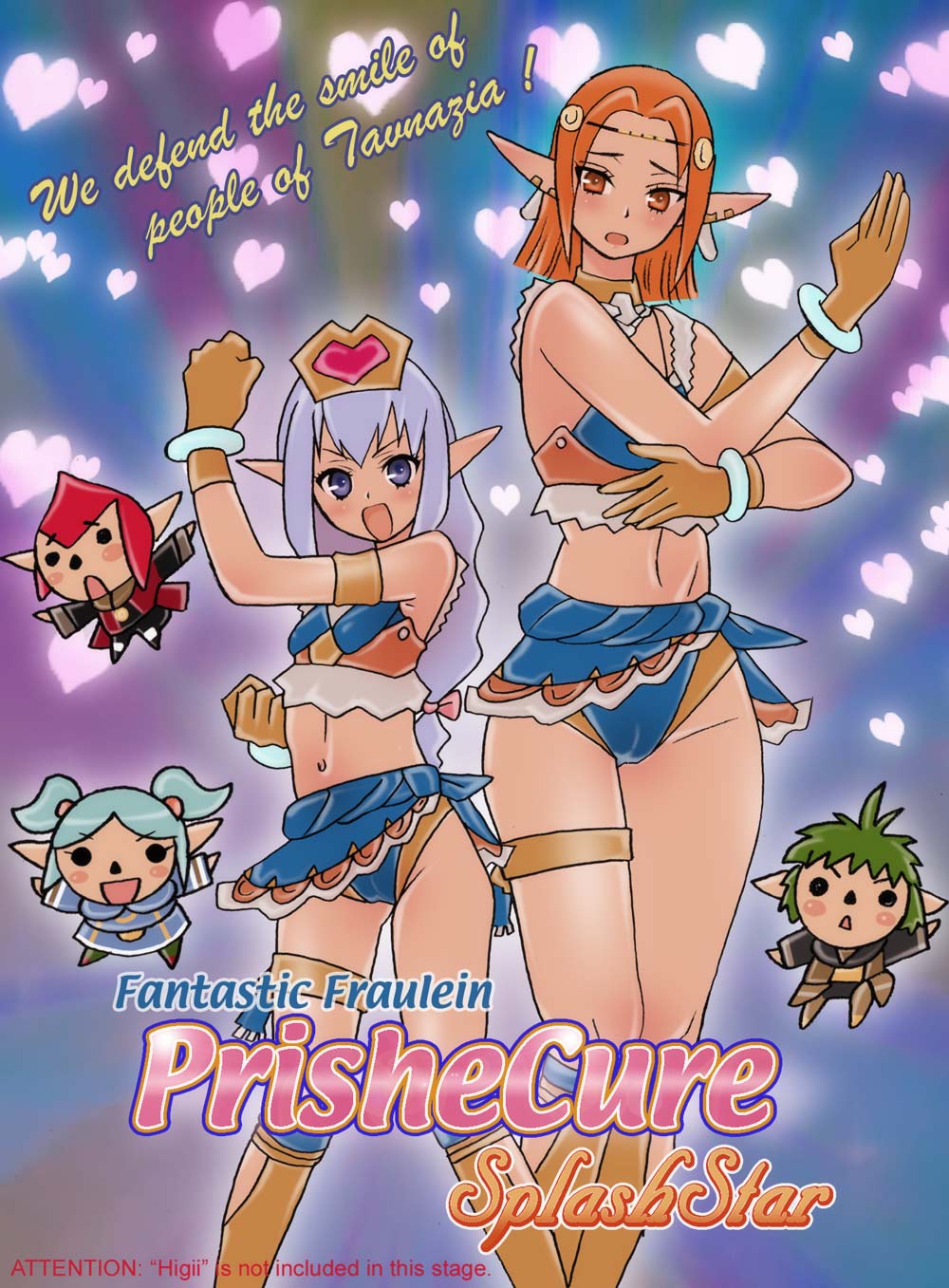 cherukiki, elvaan, kukki-chebukki, makki-chebukki, mithra (ff11), prishe, ulmia, final fantasy, final fantasy xi, futari wa precure splash star, precure, highres, 2boys, 3girls, cameltoe, elf, jewelry, long hair, low-tied long hair, multiple boys, multiple girls, parody, pointy ears, tarutaru, thighlet
