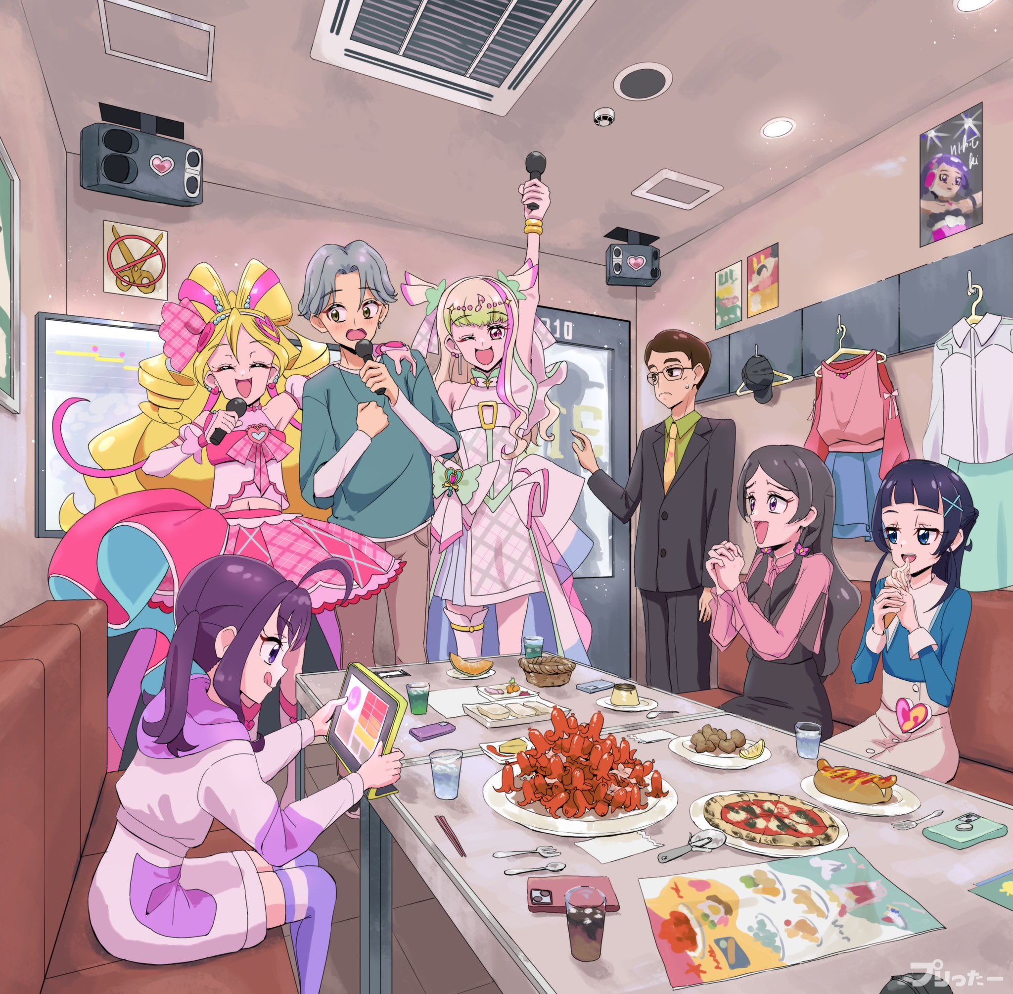 pretter on the brush, aokaze nana, cure idol, cure zukyuun, hibiki kaito, meroron (precure), purirun (precure), sakura uta (precure), shigure kokoro, tanaka (precure), dokidoki! precure, kimi to idol precure, precure, highres, ahoge, air conditioner, bare arms, bare shoulders, baseball cap, black hair, black socks, blonde hair, blue hair, blunt bangs, blush, braid, brown hair, bubble skirt, business suit, chicken (food), closed eyes, clothes hanger, cosplay, curled horns, door, earrings, eating, eyelashes, food, formal clothes, fried chicken, frills, fruit, gingham dress, glasses, gradient hair, green hair, green shirt, hair ornament, hair ribbon, hair tie, hair wings, hairpin, half up bun, hand on another's shoulder, hat, headband, heart, heart hair ornament, heart pouch, holding, holding clothes hanger, holding microphone, horns, hot dog, ice cream, idol, jewelry, juice, karaoke, karaoke box, kneehighs, long hair, long sleeves, low twin braids, melon, menu, meroron (civilian) (precure), microphone, multicolored hair, multiple earrings, music, octopus sausage earrings, one eye closed, parted bangs, phone, poster (object), pudding, puffy sleeves, purirun (civilian) (precure), purple hair, purple socks, ribbon, salaryman, sausage, scissors, see-through clothes, see-through sleeves, shadow, shirt, singing, single bare leg, single kneehigh, single sock, skirt, smile, smirk, socks, speaker, suit, sweat, sweatdrop, table, tablet pc, tongue, tongue out, twin braids, twintails, very long hair, water, wing hair ornament
