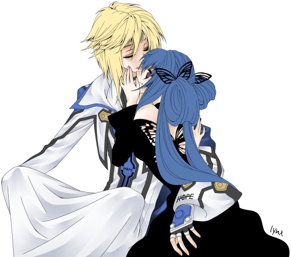 dizzy (guilty gear), ky kiske, arc system works, guilty gear, guilty gear 2, black dress, blonde hair, blue hair, couple, dress, english text, husband and wife, kiss, long hair, twintails