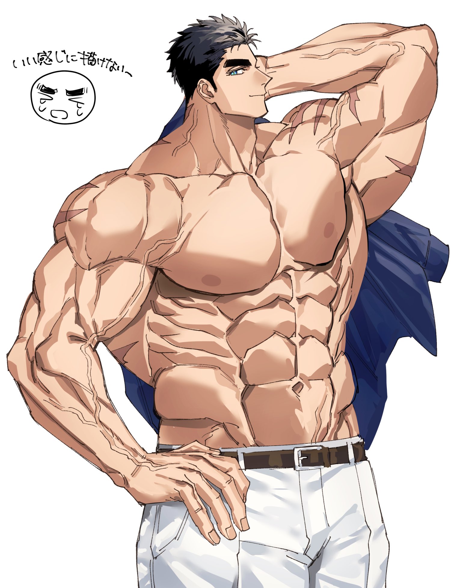domo (domo kizusuki), kokado shido (domo), original, highres, 1boy, arm behind head, armpits, bara, belt, black hair, blue eyes, blue shirt, brown belt, chibi, chibi inset, closed mouth, forehead, hand on own hip, holding, holding unworn clothes, large pectorals, looking at viewer, male focus, muscular, muscular male, nipples, pants, pectorals, scar, scar on shoulder, shirt, short hair, sideburns, simple background, thick arms, topless male, unworn shirt, v-taper, veins, white pants