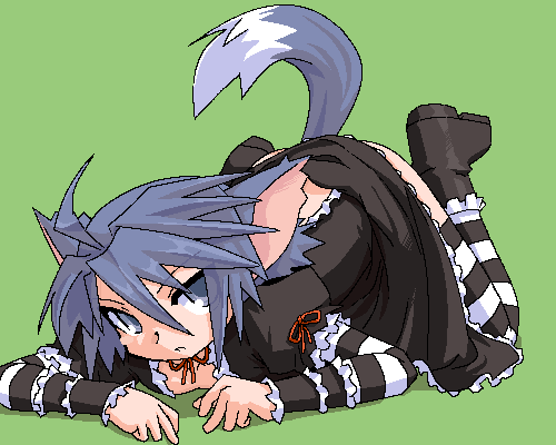 mof, yuel (summon night), summon night, bad id, bad pixiv id, lowres, animal ears, oekaki, solo, striped clothes, striped thighhighs, tail, thighhighs