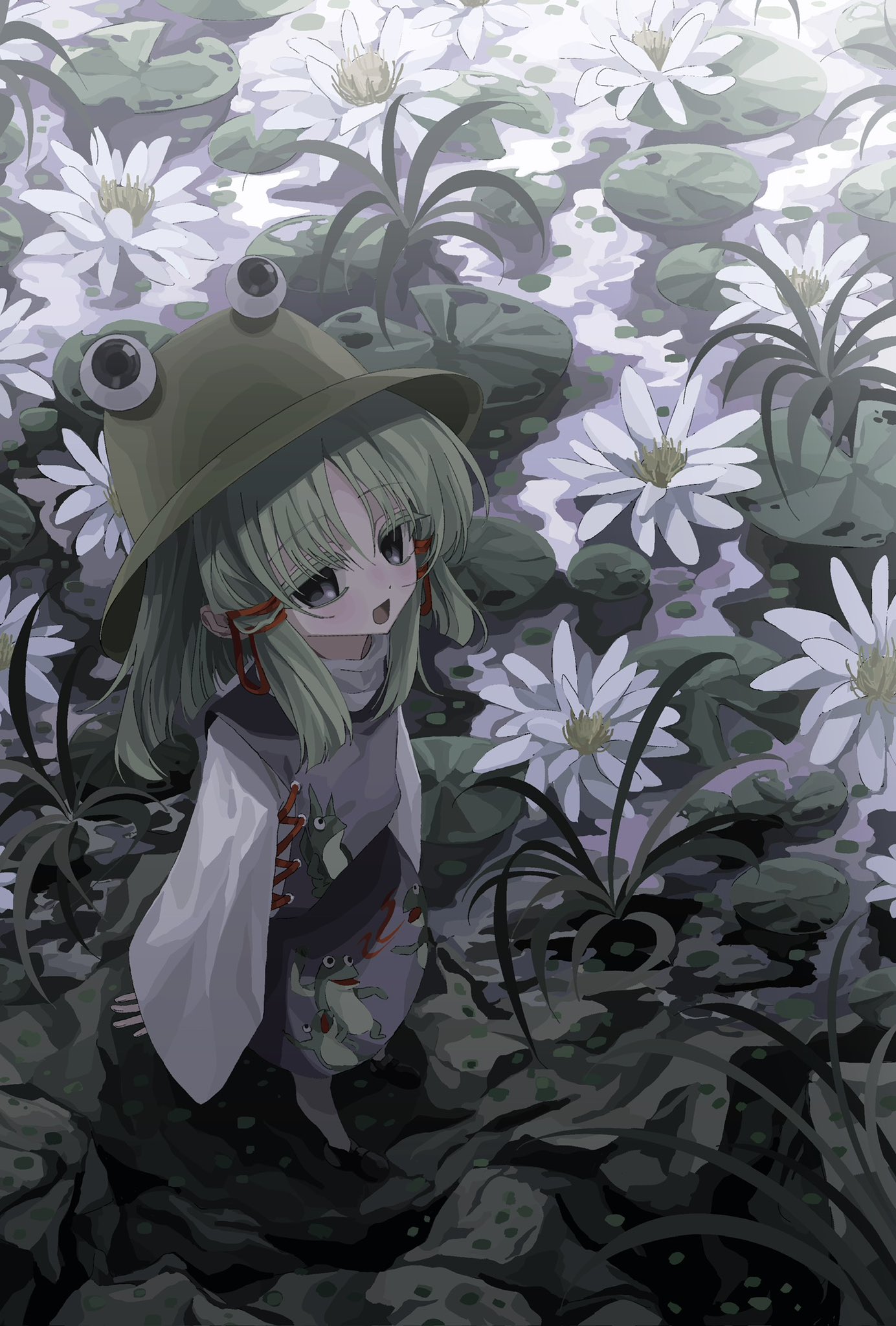 ludo (grapewood1005), moriya suwako, touhou, highres, 1girl, :d, animal print, black eyes, black shoes, blonde hair, brown hat, flower, frog print, from above, full body, hair ribbon, hat, lake, lily pad, long sleeves, looking at viewer, medium hair, nature, open mouth, outdoors, parted bangs, purple skirt, purple vest, red ribbon, ribbon, shirt, shoes, skirt, skirt set, smile, solo, standing, straight hair, tress ribbon, turtleneck, vest, white flower, white shirt, wide sleeves