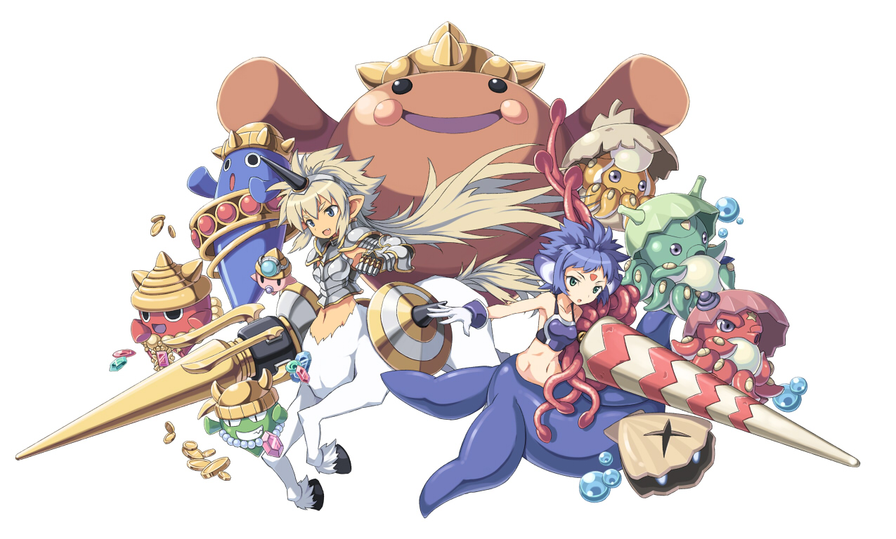 pera, cryt brothers, kirin, mermumeia, unicakuroa, capcom, monster hunter (series), shinrabanshou, 2girls, armor, blue eyes, blue hair, centaur, fang, gloves, green eyes, grey hair, horns, lance, long hair, midriff, monster girl, multiple girls, navel, polearm, ponytail, shield, short hair, spear, taur, tentacles, weapon
