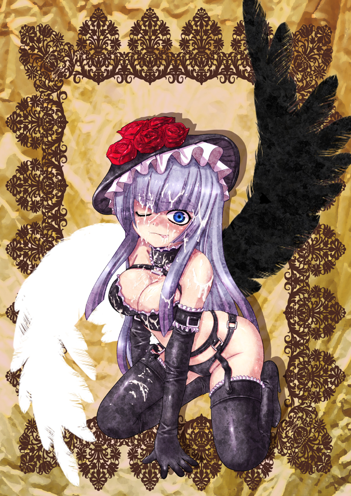 gem (ddt), gem (pixiv), virgilia (umineko), umineko no naku koro ni, bad id, bad pixiv id, 00s, 1girl, choker, cum, female focus, hat, lingerie, solo, thighhighs, underwear