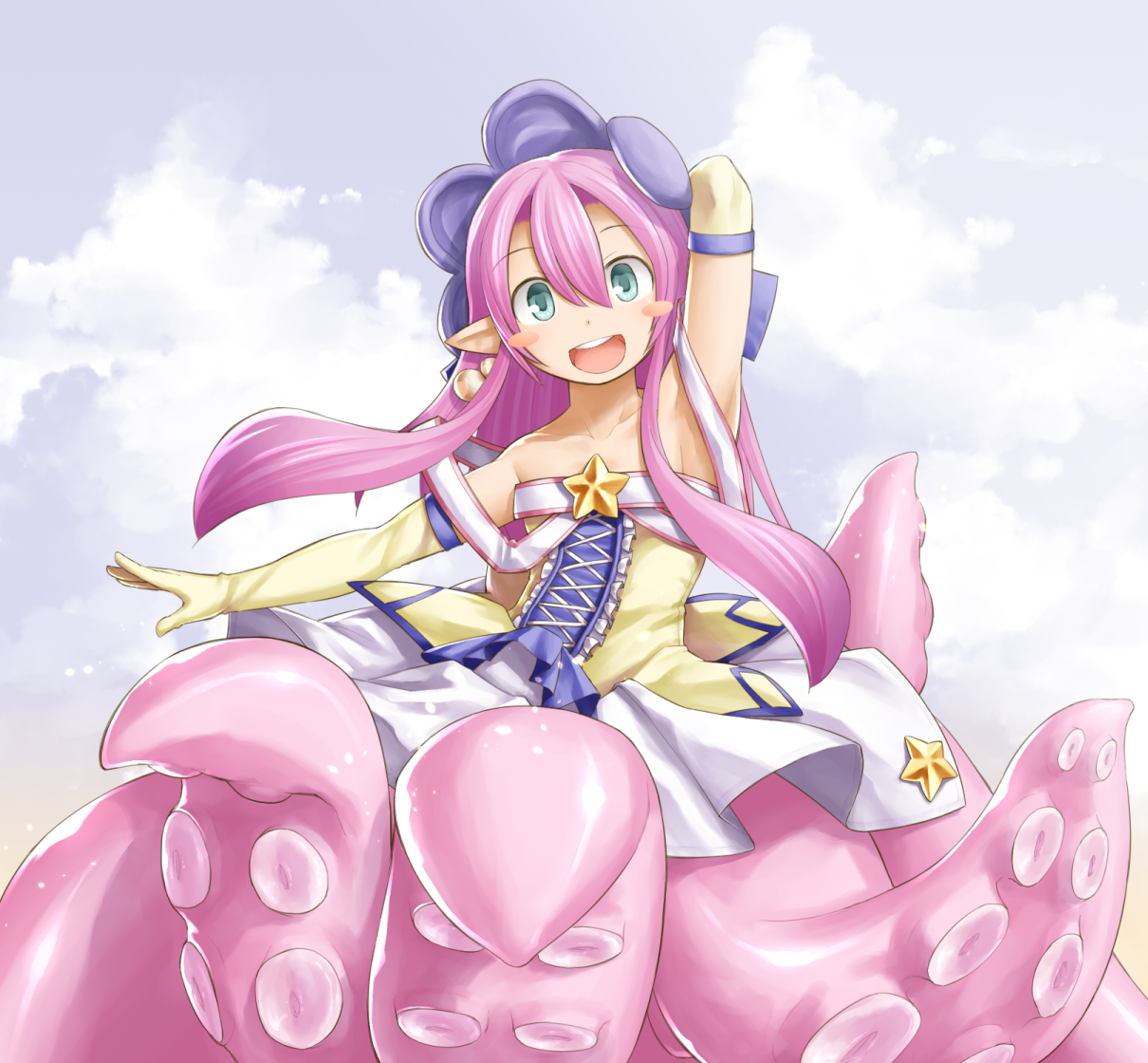 kasuga yukihito, emil chronicle online, 1girl, arm up, armpits, blush stickers, breasts, earrings, elbow gloves, gloves, grey background, hat, jewelry, long hair, long sidelocks, monster girl, off-shoulder shirt, off shoulder, open mouth, pink hair, pointy ears, purple hat, scylla, shirt, shugoma fumitsuki, sidelocks, skirt, small breasts, solo, sphere earrings, white gloves, white shirt, white skirt