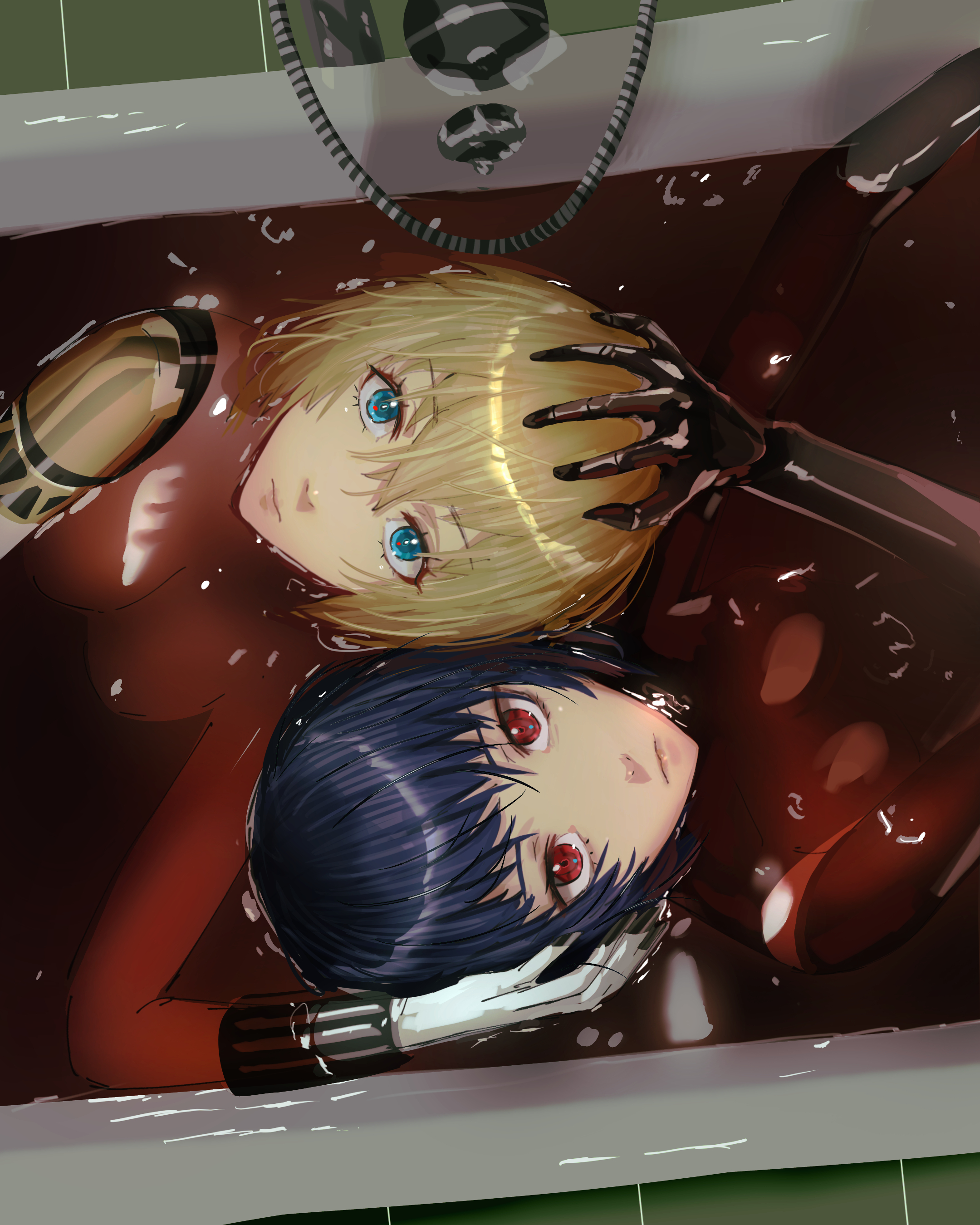 omegarer, aigis (persona), metis (persona), persona, persona 3, persona 3 the answer, absurdres, commentary, highres, 2girls, android, bathtub, black hair, blonde hair, blood, blue eyes, breasts, closed mouth, from above, hair between eyes, hand on another's head, in bathtub, indoors, looking up, mechanical arms, medium breasts, multiple girls, partially submerged, red eyes, short hair, topless female