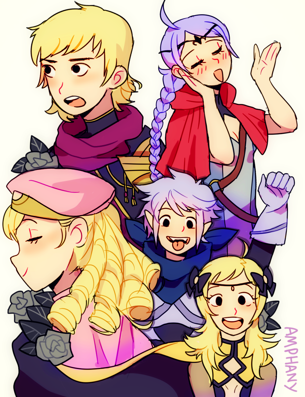amphany, forrest (fire emblem), male kana (fire emblem), nina (fire emblem), ophelia (fire emblem), siegbert (fire emblem), fire emblem, fire emblem fates, nintendo, highres, 2girls, 3boys, ahoge, blonde hair, breasts, cleavage, long hair, multiple boys, multiple girls, open mouth, pointy ears, purple hair, small breasts