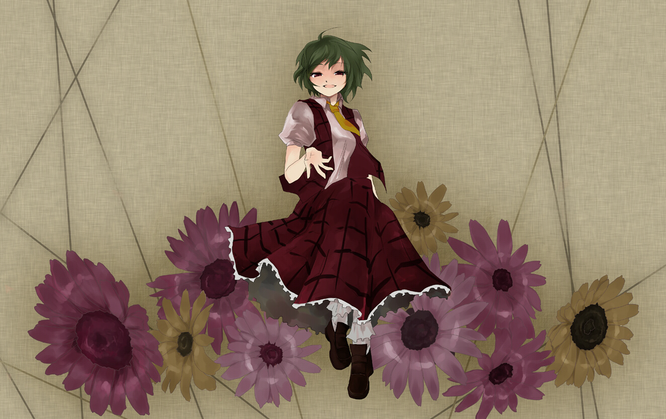 katayama kei, kazami yuuka, touhou, 1girl, ascot, female focus, flower, green hair, plaid clothes, plaid skirt, plaid vest, red eyes, short hair, sitting, skirt, skirt set, smile, solo, vest