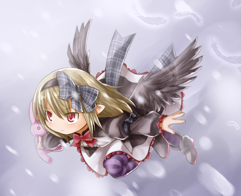 kasuga yukihito, dark feather alma, emil chronicle online, 1girl, black dress, black hairband, black ribbon, black sash, black wings, blonde hair, dress, hairband, holding, holding stuffed toy, outstretched arms, pointy ears, purple thighhighs, red eyes, ribbon, ribbon-trimmed hairband, running, sash, solo, striped clothes, striped thighhighs, stuffed animal, stuffed rabbit, stuffed toy, thighhighs, white dress, wings