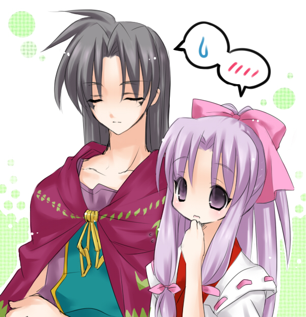 kooriyama ichirou, koriyama shashi, 1boy, 1girl, black hair, closed eyes, couple, hair ribbon, hetero, japanese clothes, long hair, purple eyes, purple hair, ribbon, speech bubble, spoken blush, spoken sweatdrop, sweatdrop, tress ribbon