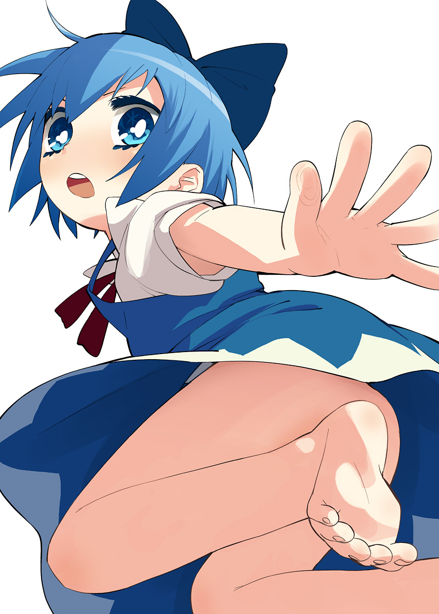 mizu asato, cirno, embodiment of scarlet devil, touhou, bad id, bad pixiv id, highres, 1girl, armpit peek, barefoot, blue eyes, blue hair, circled 9, convenient leg, feet, female focus, foreshortening, matching hair/eyes, no panties, ribbon, short hair, soles, solo, toes, upskirt