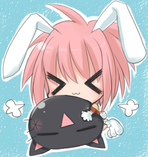 kooriyama ichirou, koriyama shashi, lowres, > <, 1girl, :>, :3, = =, animal ears, cat, chibi, closed eyes, female focus, pink hair, rabbit ears, solo, x3
