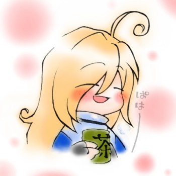 gourry gabriev, slayers, lowres, 1boy, ahoge, blonde hair, blush, chibi, gradient background, happy, male focus, smile, solo, tea, white background