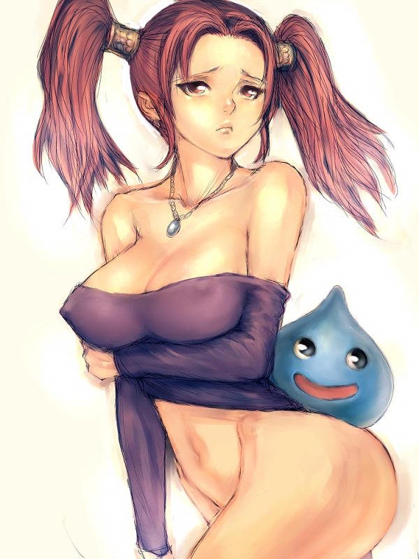 fumio (rsqkr), jessica albert, slime (dragon quest), dragon quest, dragon quest viii, square enix, breast hold, looking away, 1girl, :d, ass, bare shoulders, black eyes, blue skin, bottomless, breasts, cleavage, colored skin, convenient leg, covered erect nipples, cowboy shot, female focus, frown, groin, happy, holding own arm, jewelry, long sleeves, monster, navel, necklace, off shoulder, open mouth, pendant, purple shirt, red eyes, red hair, sad, shirt, simple background, sketch, smile, solo, thick thighs, thighs, twintails