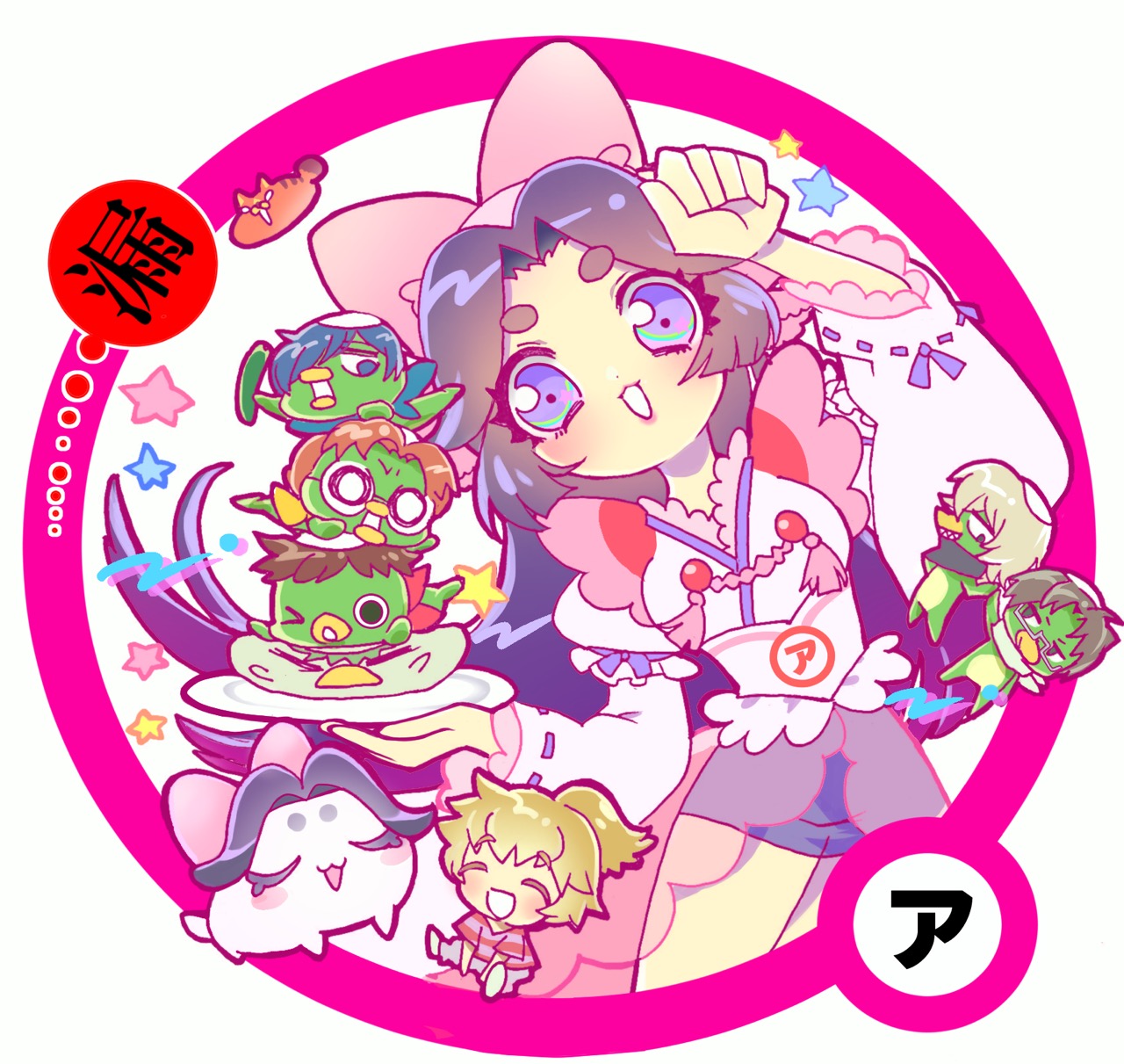 akutsu mabu, azuma sara, jinnai enta, keppi, kuji toi, niiboshi reo, yasaka kazuki, sarazanmai, commentary request, highres, translation request, > o, 1boy, 1girl, brown hair, cat, cucumber, eyelashes, japanese clothes, kappa, kimono, long hair, mochizuki (org clear), nyantaro (sarazanmai), one eye closed, paw pose, plate, purple eyes, purple hair, purple skirt, rectangular eyewear, skirt, stacking, tassel, very long hair, white kimono, wide sleeves, yasaka haruka