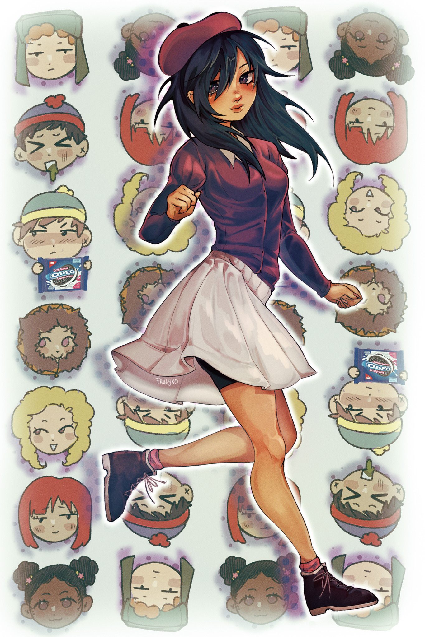 bebe stevens, eric cartman, kenny mccormick, kyle broflovski, nichole daniels, stan marsh, wendy testaburger, south park, highres, animification, beret, bike shorts under skirt, black hair, frillyxo, hat, looking at viewer, oreo, purple shirt, red mcarthur, shirt, skirt, solo focus, vomit, white skirt