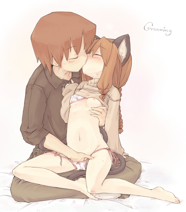 7010, original, duplicate, source request, 1boy, 1girl, age difference, animal ears, barefoot, bed, blush, bra, braid, breasts, brown hair, cat ears, cat tail, clothes lift, couple, feet, fingering, flat chest, groping, hand in panties, hetero, kiss, legs, lingerie, loli, long sleeves, nipples, panties, shirt lift, side-tie panties, simple background, sitting, sitting on person, sleeves past wrists, small breasts, sweat, tail, tail wrap, underwear, white background