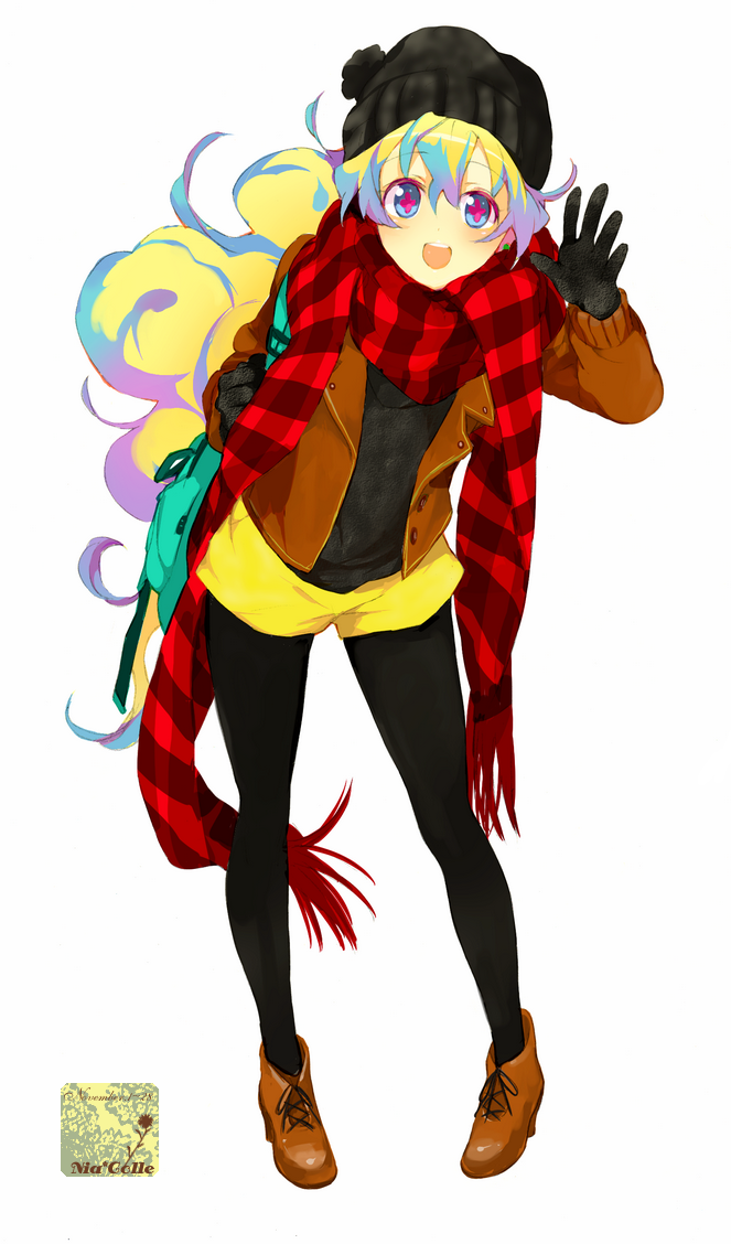 honjyamaka, nia teppelin, tengen toppa gurren lagann, bad id, bad pixiv id, 00s, 1girl, boots, coat, fashion, female focus, gloves, hat, long hair, multicolored hair, pantyhose, pantyhose under shorts, scarf, shorts, smile, solo, very long hair, waving, winter clothes