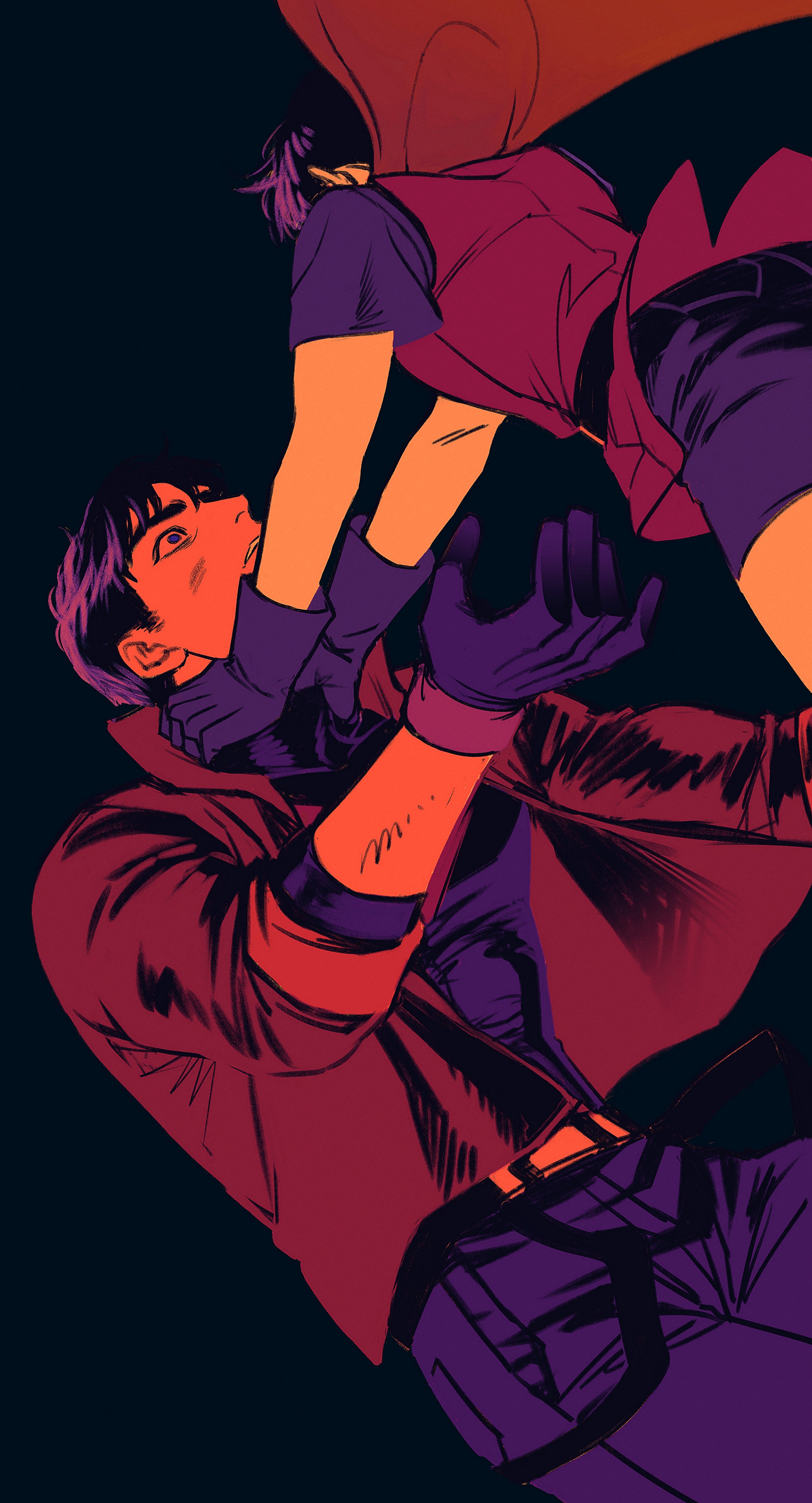 jason todd, red hood (dc), robin (dc), batman (series), dc comics, absurdres, highres, bat signal, batman symbol, black bodysuit, black gloves, black hair, blue eyes, bodysuit, brown jacket, cape, dual persona, gloves, grey bodysuit, jacket, male focus, multiple boys, muscular, muscular male, mw house, open clothes, pants, red hood and the outlaws, short hair, superhero costume, taut bodysuit, two-tone bodysuit, yellow cape