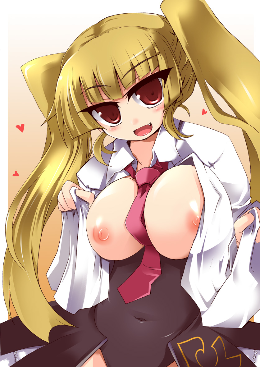shirogane (platinum), asmodeus (umineko), umineko no naku koro ni, 00s, 1girl, blonde hair, breasts, female focus, large breasts, necktie, nipples, nude, open clothes, open shirt, shirt, solo, twintails