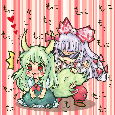 pote (ptkan), ex-keine, fujiwara no mokou, kamishirasawa keine, touhou, lowres, >:3, 2girls, :3, ^^^, bow, chibi, drooling, female focus, hair bow, heart, heart-shaped pupils, horn ornament, horn ribbon, horns, multiple girls, multiple hair bows, oekaki, open mouth, pixel art, ribbon, saliva, sunglasses, symbol-shaped pupils, tail, uncommon stimulation, v-shaped eyebrows