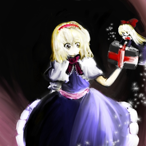 tntn, alice margatroid, shanghai doll, touhou, 1girl, blonde hair, female focus, official style, parody, short hair, solo, sparkle, style parody, zun (style)