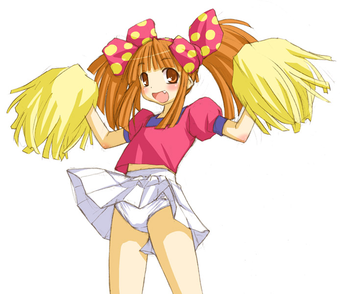 kasuga yukihito, suzuki megumi, asuka 120%, blush, cheerleader, fang, panties, pantyshot, skirt, twintails, underwear, white panties, wind, wind lift