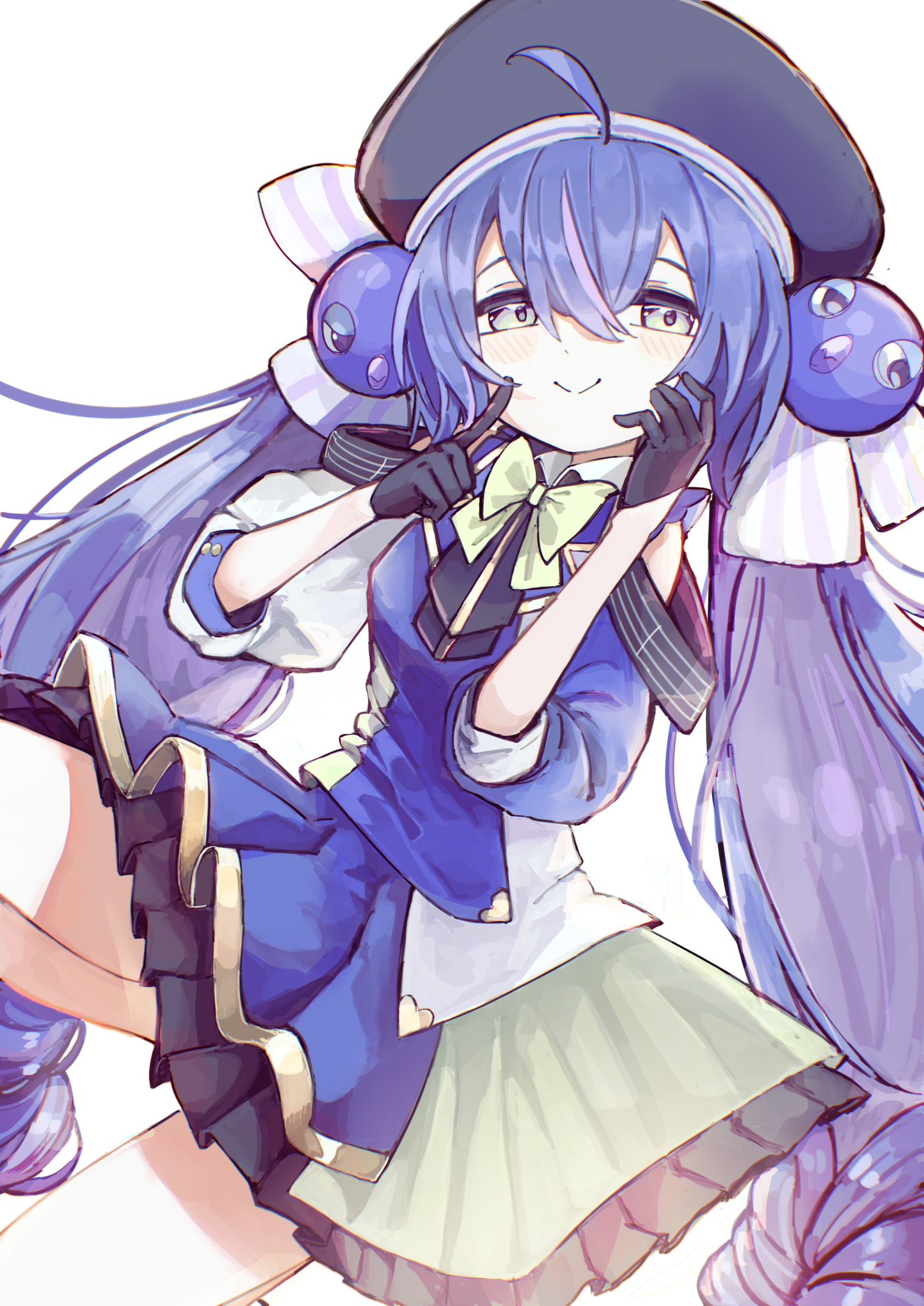 tsuyukusa (tuyukusa aaa), otomachi una, otomachi una (sv), synthesizer v, highres, 1girl, absurdly long hair, ahoge, ascot, asymmetrical sleeves, beret, black ascot, black gloves, black hat, black skirt, blue hair, blue jacket, blue overskirt, bow, bowtie, braid, buttons, clothing cutout, collared shirt, colored inner hair, double-breasted, double-parted bangs, finger to cheek, frilled skirt, frills, full body, gloves, green bow, green bowtie, green eyes, half-closed eyes, half gloves, hand on own cheek, hand on own face, hat, hat ribbon, jacket, lapels, long hair, low-braided long hair, low-tied long hair, mismatched sleeves, multicolored hair, multicolored jacket, musical staff, musical staff print, overskirt, pleated skirt, puffy sleeves, purple hair, purple streaks, ribbon, see-through overskirt, shirt, shoulder cutout, sidelocks, skirt, sleeve cuffs, smile, solo, streaked hair, striped ribbon, three-quarter sleeves, twintails, two-tone hair, very long hair, white background, white ribbon, white shirt