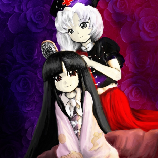 tntn, houraisan kaguya, yagokoro eirin, touhou, bad id, bad pixiv id, 2girls, brushing another's hair, brushing hair, female focus, multiple girls, official style, parody, style parody, zun (style)
