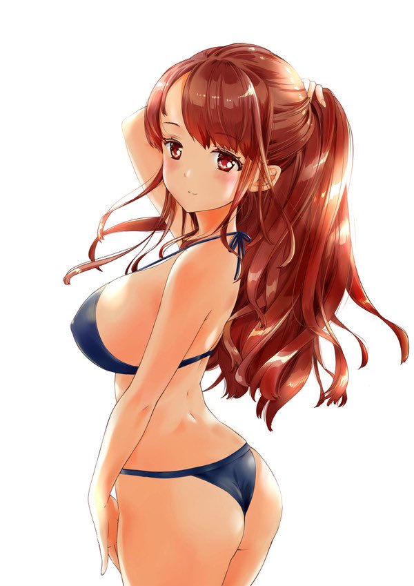original, commentary request, 1girl, ass, bikini, blue bikini, breasts, brown hair, closed mouth, cowboy shot, halterneck, holding, holding own hair, itsumoto roi, large breasts, long hair, looking at viewer, ponytail, red eyes, simple background, smile, solo, string bikini, swimsuit, white background