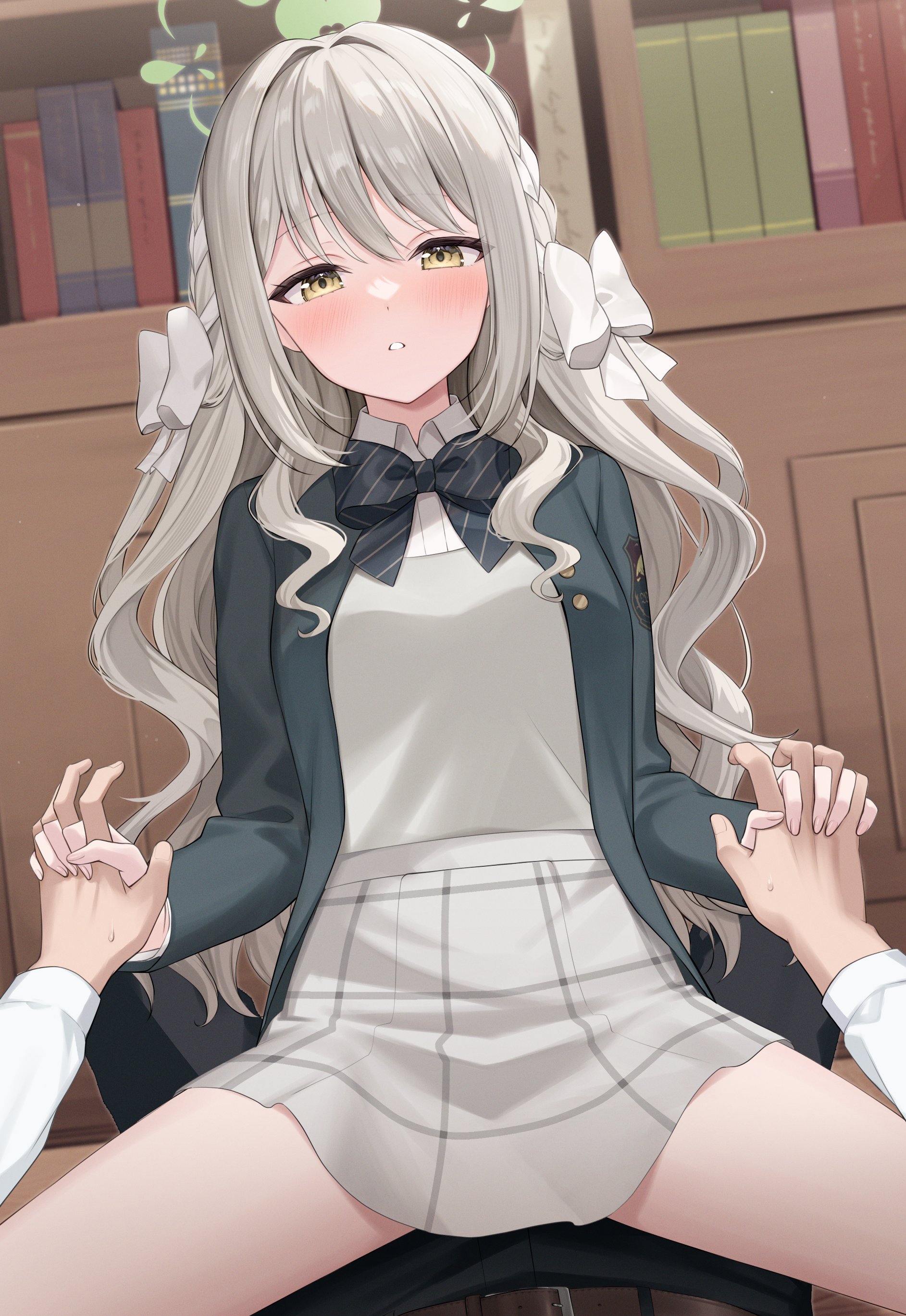 mochiko (uyu omochi), miyo (blue archive), blue archive, absurdres, highres, 1girl, black bow, black bowtie, blush, book, bookshelf, bow, bowtie, brown eyes, green jacket, grey hair, grey skirt, hair bow, halo, indoors, interlocked fingers, jacket, long hair, long sleeves, looking at viewer, parted lips, pov, school uniform, skirt, straddling, striped bow, striped bowtie, striped clothes, white bow