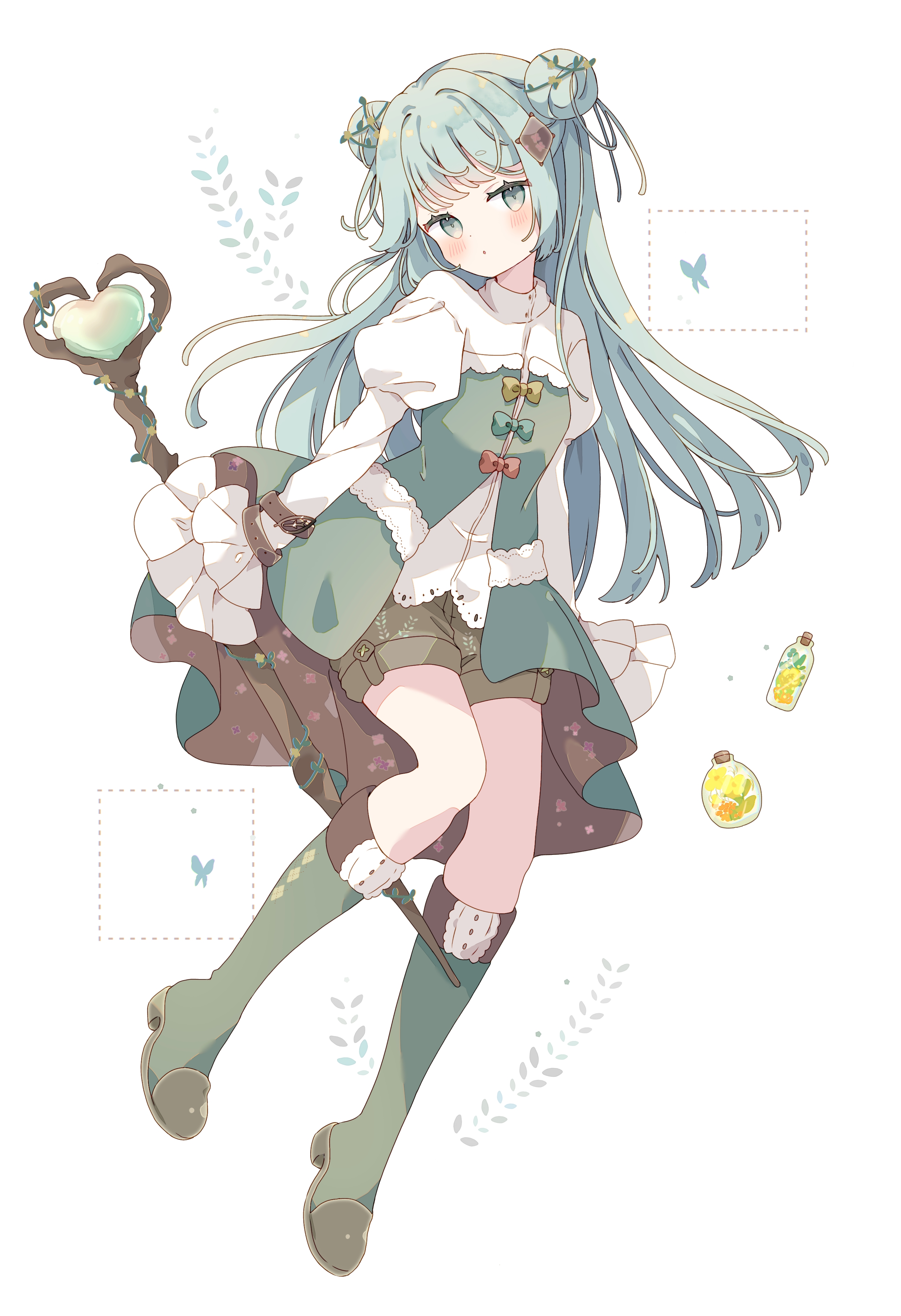 tsukiyo (skymint), original, absurdres, commentary, highres, symbol-only commentary, 1girl, :o, blush, boots, bottle, bow, brown shorts, bug, butterfly, double bun, dress, full body, green boots, green bow, green dress, green eyes, green hair, hair bun, hair ornament, holding, holding staff, insect, juliet sleeves, knee boots, long hair, long sleeves, looking at viewer, parted lips, puffy sleeves, red bow, shirt, shorts, simple background, solo, staff, white background, white shirt