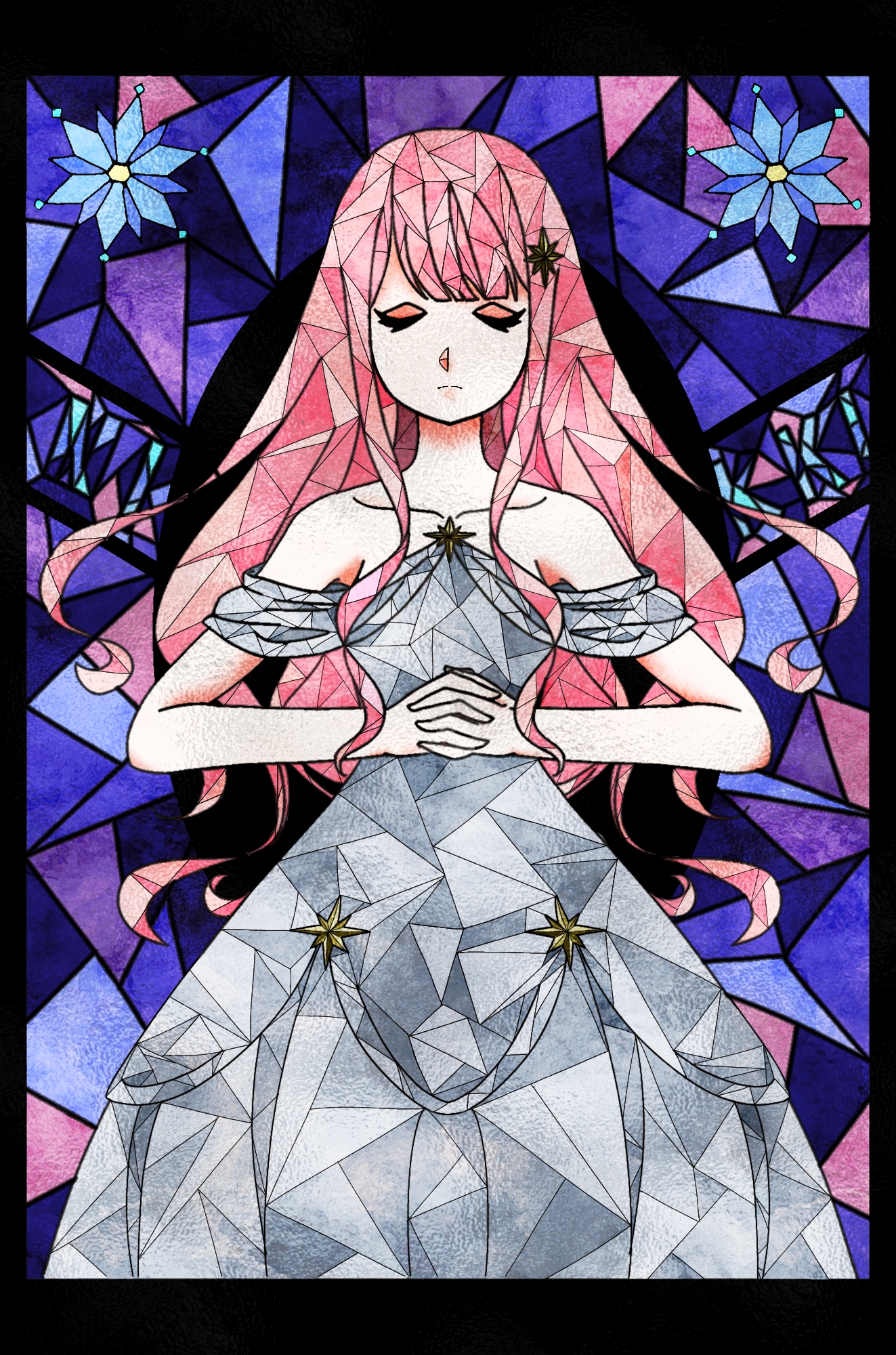 nikki (nikki), nikki (series), shining nikki, commentary request, highres, traditional media, 1girl, bare arms, bare shoulders, black border, blue flower, blunt bangs, border, brooch, closed eyes, closed mouth, collarbone, cowboy shot, detached sleeves, dress, eyelashes, eyeshadow, flower, fuka 1003 01, gown, hair ornament, interlocked fingers, jewelry, light frown, lips, long dress, long hair, long sidelocks, makeup, own hands clasped, own hands together, pink eyeshadow, pink hair, pink lips, purple background, short sleeves, sidelocks, solo, stained glass, standing, star (symbol), star brooch, star hair ornament, wavy hair, white dress, white sleeves