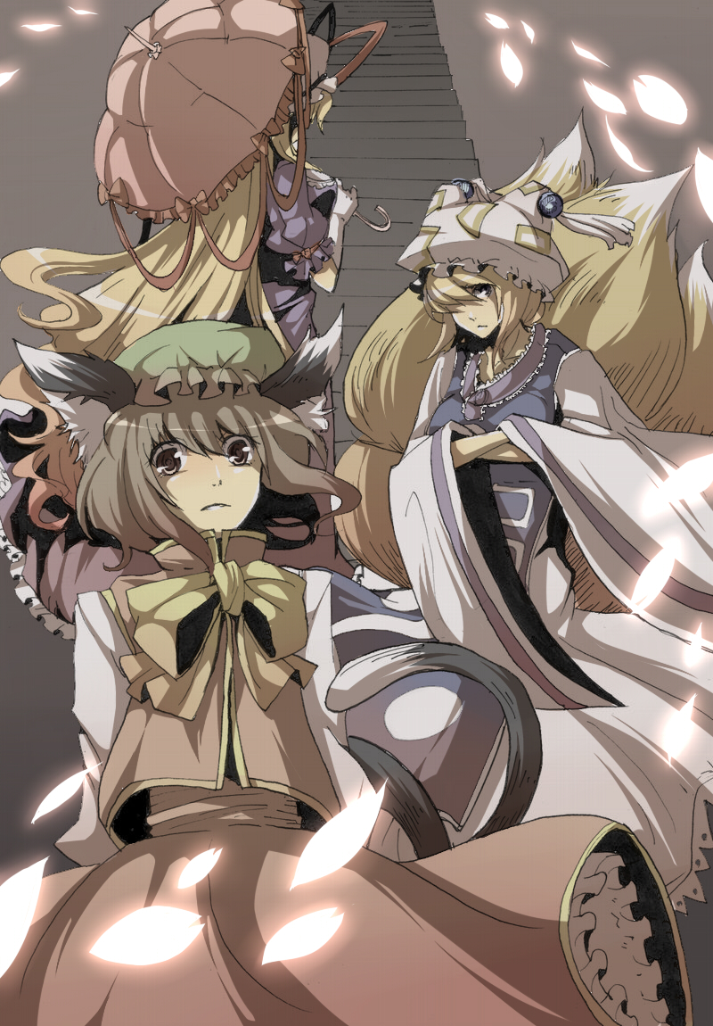 urin, chen, yakumo ran, yakumo yukari, perfect cherry blossom, touhou, bad id, bad pixiv id, 3girls, animal ears, blonde hair, blue eyes, brown eyes, brown hair, cat ears, cat girl, cat tail, dress, female focus, fox tail, hat, long hair, multiple girls, multiple tails, short hair, stairs, tail, umbrella