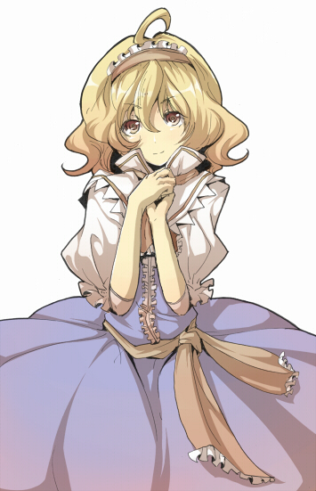 urin, alice margatroid, touhou, bad id, bad pixiv id, 1girl, ahoge, blonde hair, female focus, hairband, own hands together, short hair, smile, solo, wavy hair, yellow eyes