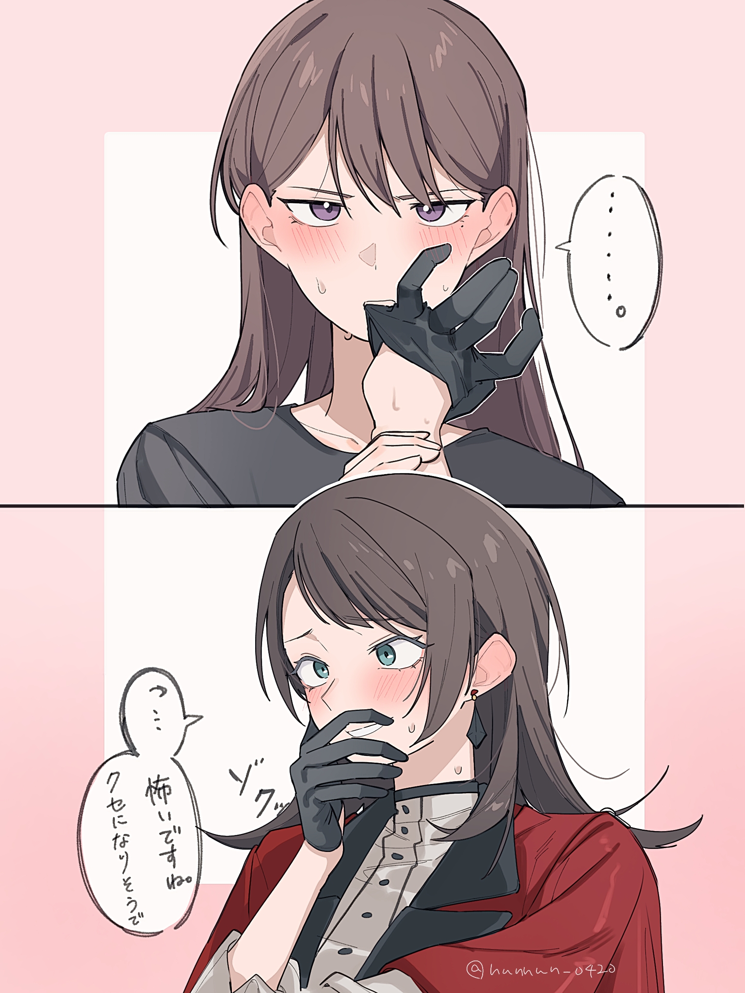 nanami (nunnun 0410), shiina taki, timoris (bang dream!), yahata umiri, bang dream!, bang dream! it's mygo!!!!!, commentary request, highres, black gloves, black shirt, blue eyes, blush, brown hair, capelet, ear blush, earrings, glove in mouth, gloves, hair between eyes, jewelry, long hair, looking at viewer, mouth hold, purple eyes, red capelet, removing glove, shirt, smile, sweatdrop, upper body, white shirt, yuri