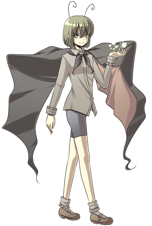 urin, wriggle nightbug, touhou, 1girl, androgynous, antennae, cape, female focus, full body, green eyes, green hair, matching hair/eyes, shoes, shorts, simple background, smile, socks, solo, standing