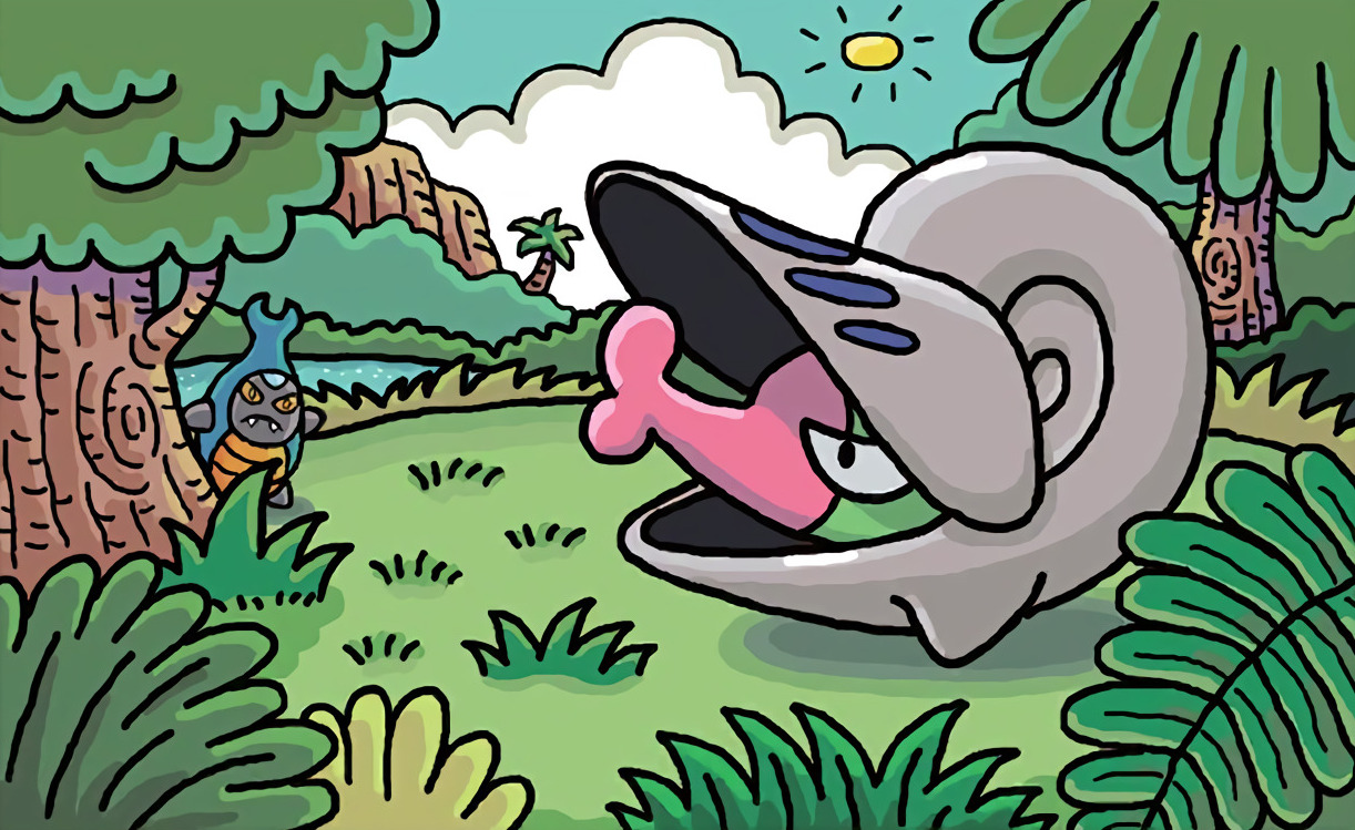 ooyama kouichi, karrablast, shelmet, nintendo, pokemon, pokemon tcg, official art, third-party source, blue sky, closed mouth, cloud, colored sclera, day, fangs, gen 5 pokemon, grass, no humans, orange eyes, outdoors, pokemon (creature), pokemon focus, shell, sky, solo focus, sun, tree, yellow sclera
