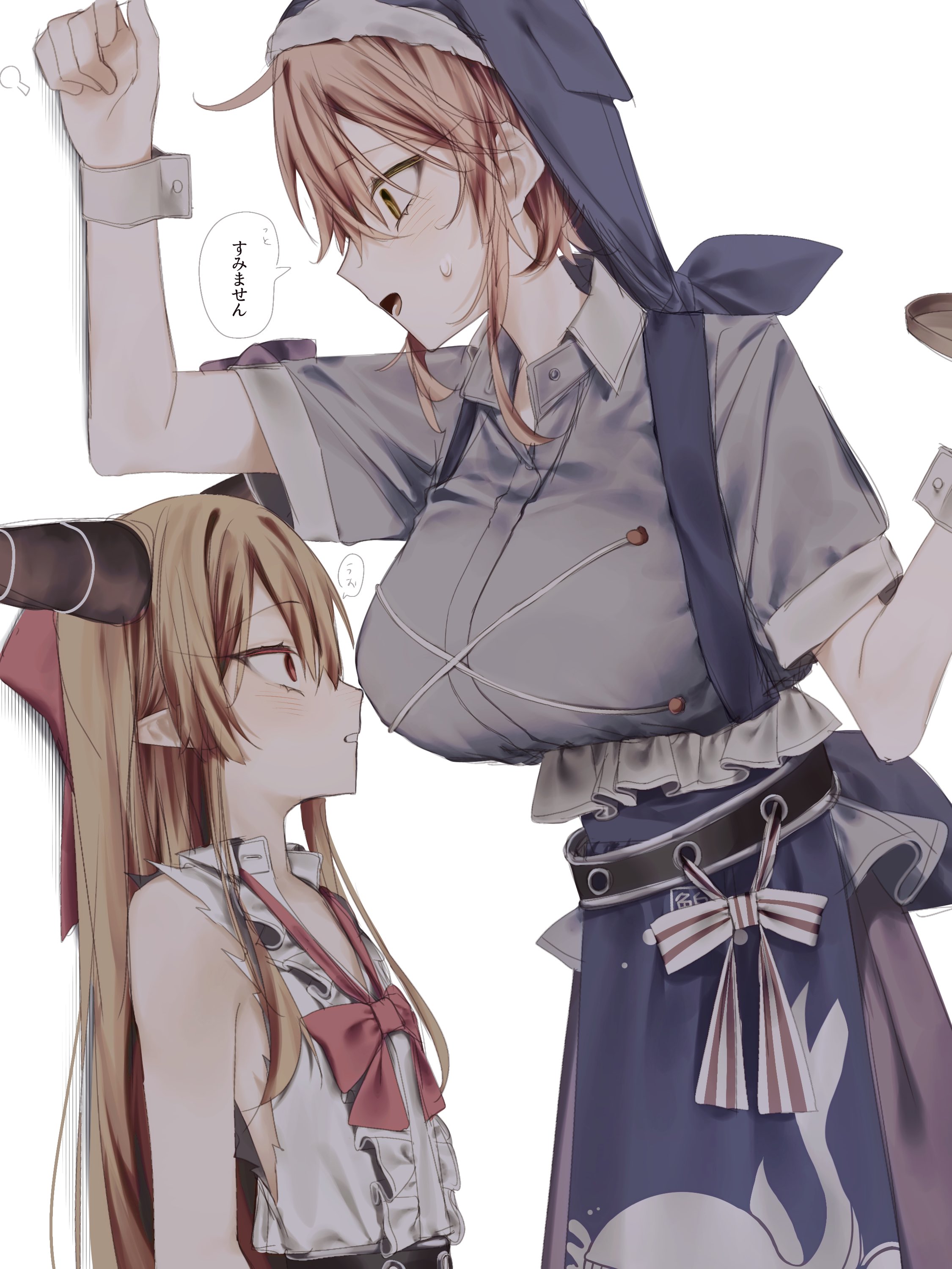 dededon (2suy aas), ibuki suika, okunoda miyoi, touhou, absurdres, highres, translation request, 2girls, apron, arms up, blonde hair, blue apron, blue headscarf, blue shirt, blue skirt, blush, bow, bowtie, breast awe, breasts, brown eyes, collared shirt, flat chest, hair between eyes, hair ribbon, headscarf, height difference, holding, holding tray, horns, huge breasts, kabedon, long hair, loose necktie, medium hair, multiple girls, necktie, pointy ears, red bow, red bowtie, red eyes, ribbon, shirt, short sleeves, sidelocks, skirt, sleeveless, sleeveless shirt, speech bubble, surprised, sweat, tray, very long hair, white shirt, wrist cuffs