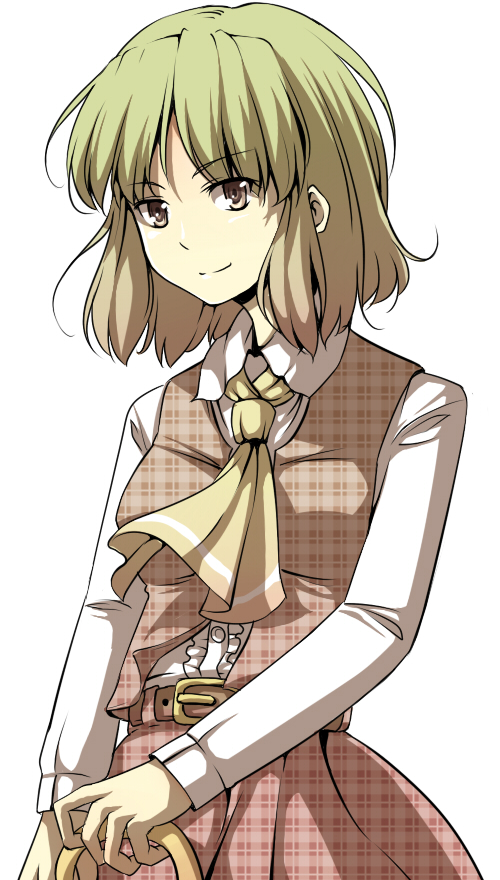urin, kazami yuuka, touhou, bad id, bad pixiv id, 1girl, ascot, female focus, light smile, plaid clothes, plaid skirt, plaid vest, simple background, skirt, skirt set, solo, unmoving pattern, vest, white background
